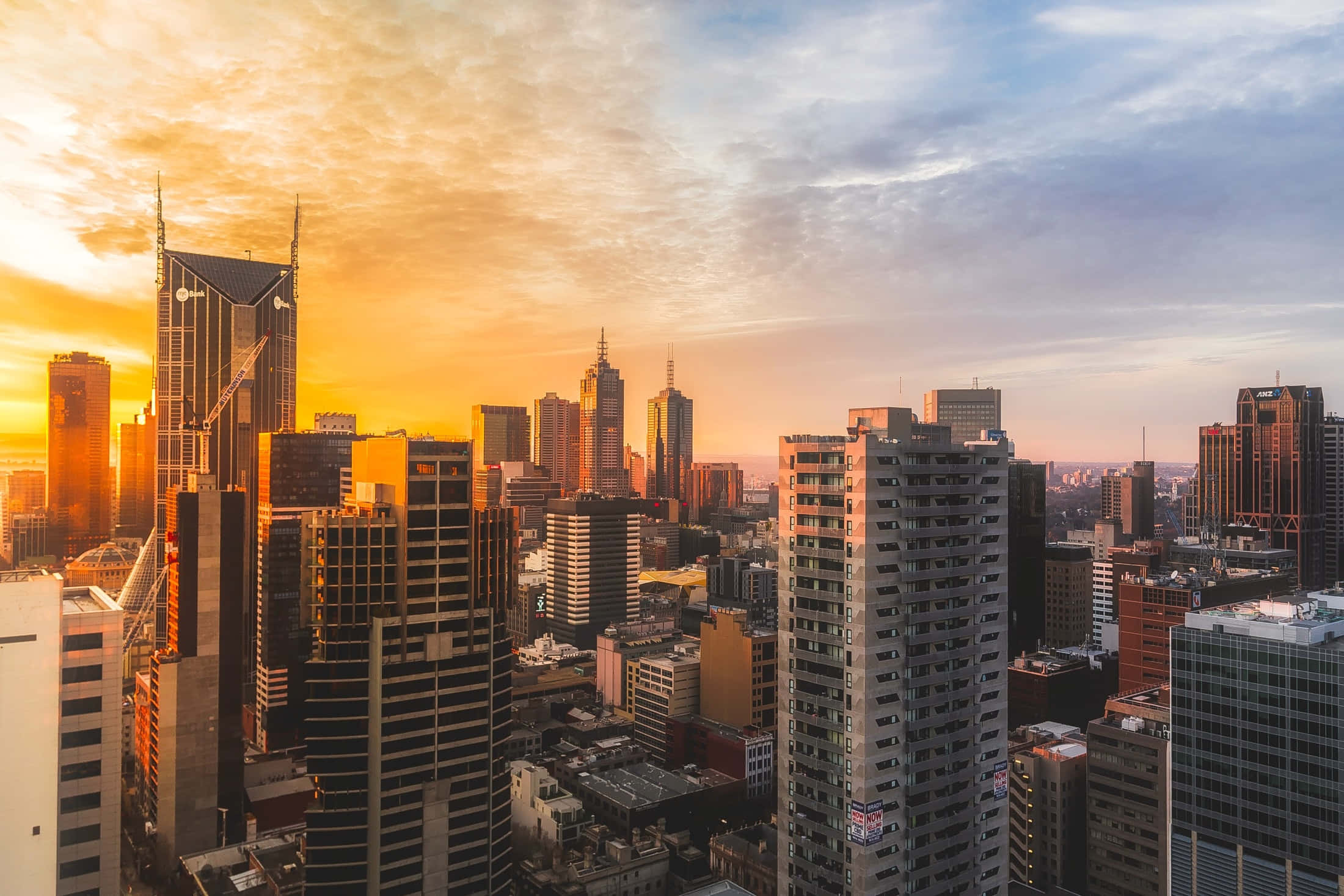 Buildings 桌布 壁紙 — 廣闊的城市天際線沐浴在金色夕陽光中，雲彩呈現橙色和藍色條紋。