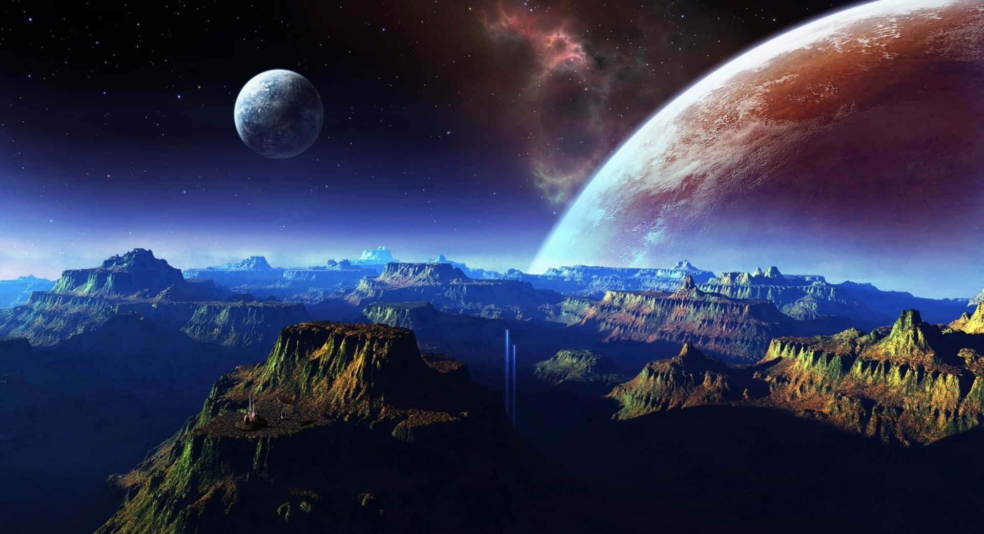 酷炫太空 桌布 壁紙 — 廣闊的外星峽谷，星空下，一顆巨大的行星和月亮懸掛在頭頂。
