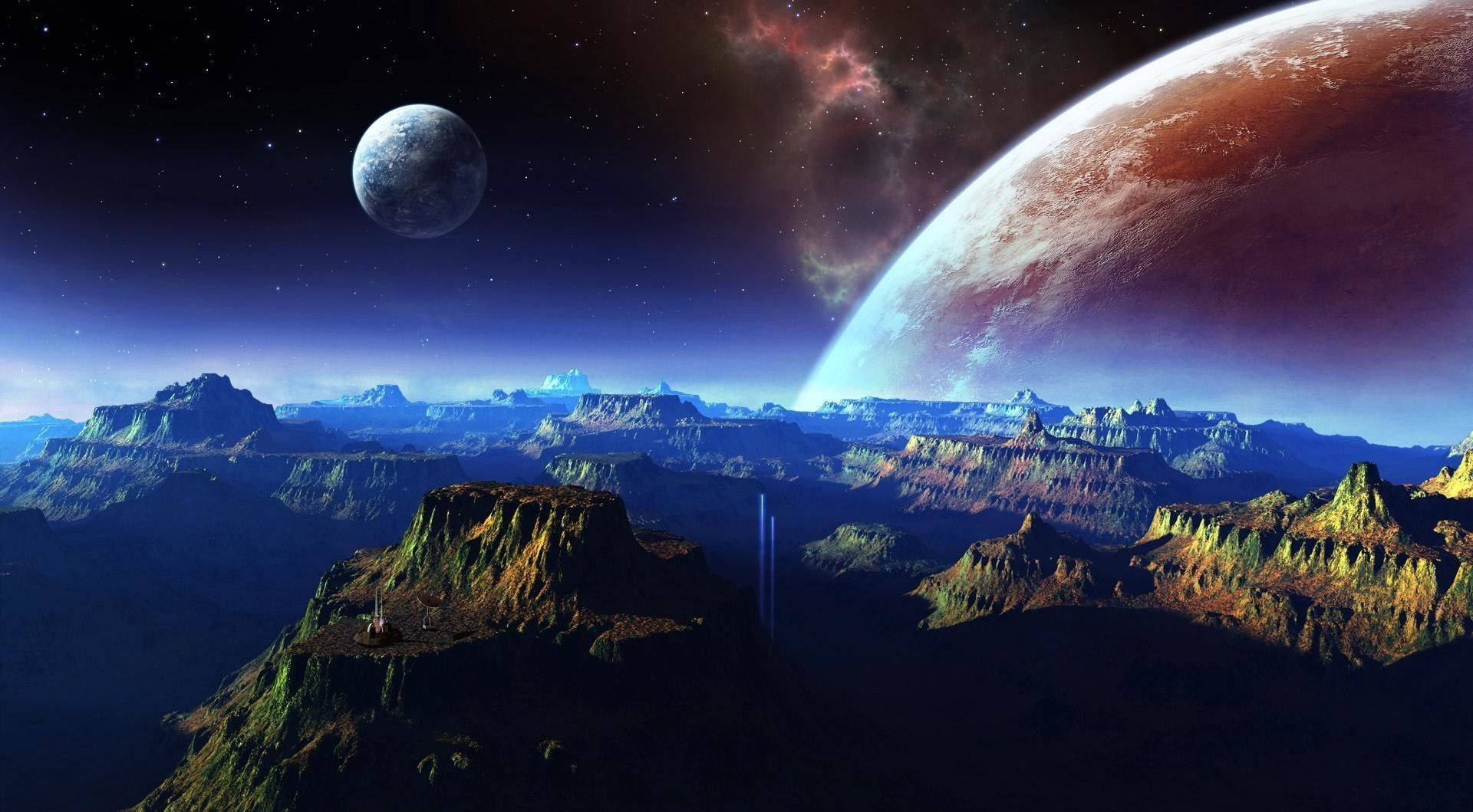 Stars 桌布 壁紙 — 廣闊的外星峽谷，星空下，一顆巨大的紅色行星和月亮懸掛在上方。