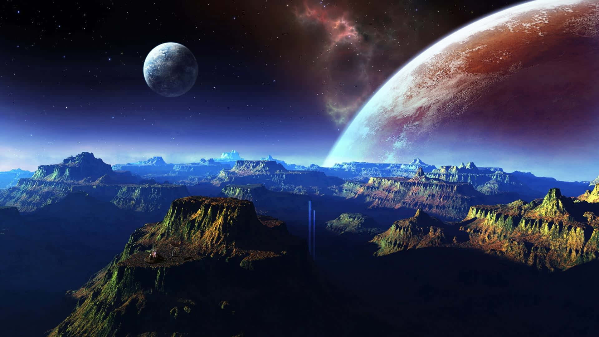 Beautiful Space 桌布 壁紙 — 廣闊的外星峽谷，星空下，巨大的行星和月亮懸掛在頭頂。