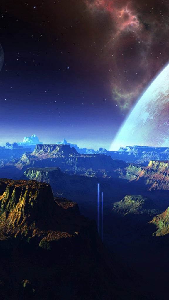 太空電話 桌布 壁紙 — 廣闊的外星峽谷，星空下有一顆發光的行星和星雲。