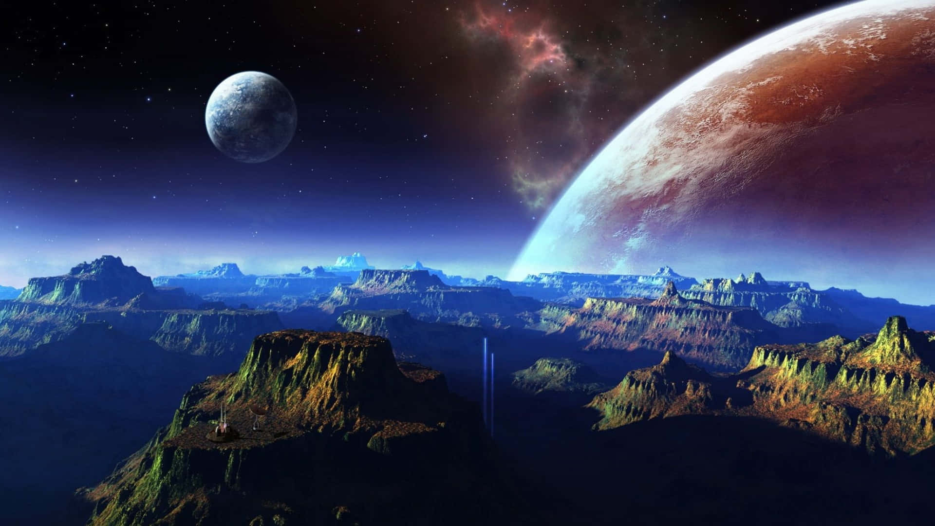 1920X1080 桌布 壁紙 — 廣闊的外星峽谷景觀，星空下有一個巨大的紅色行星和月亮懸掛在上方。