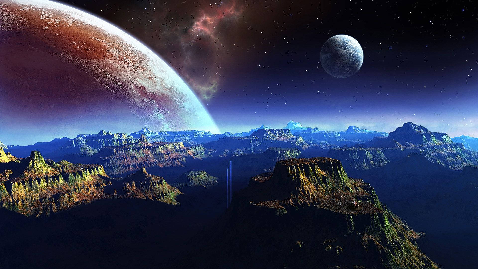 行星動畫 桌布 壁紙 — 廣闊的外星峽谷景觀，星空下有一個巨大的行星和月亮懸掛在上方。