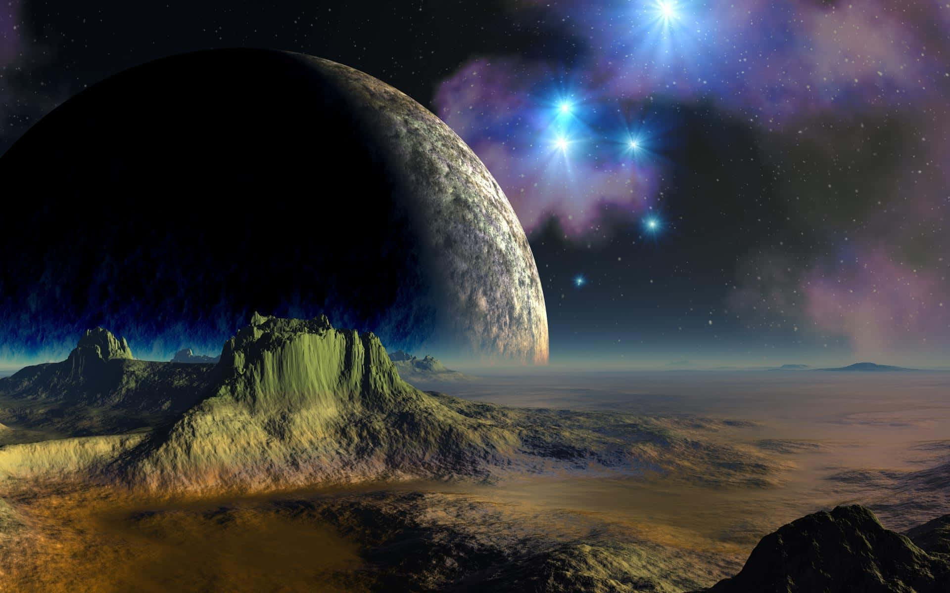 酷炫太空 桌布 壁紙 — 廣闊的外星景觀，在巨大行星和紫色星雲天空下，有鋸齒狀的綠色山脈和發光的藍色星星。
