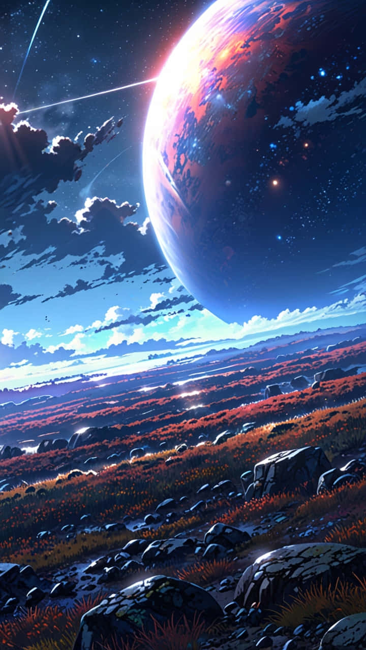 a rugged planet with Colorful moon in bloomy sky 壁紙 — 廣闊的外星景觀，紅色草地和岩石，下方是巨大的發光行星和星空。
