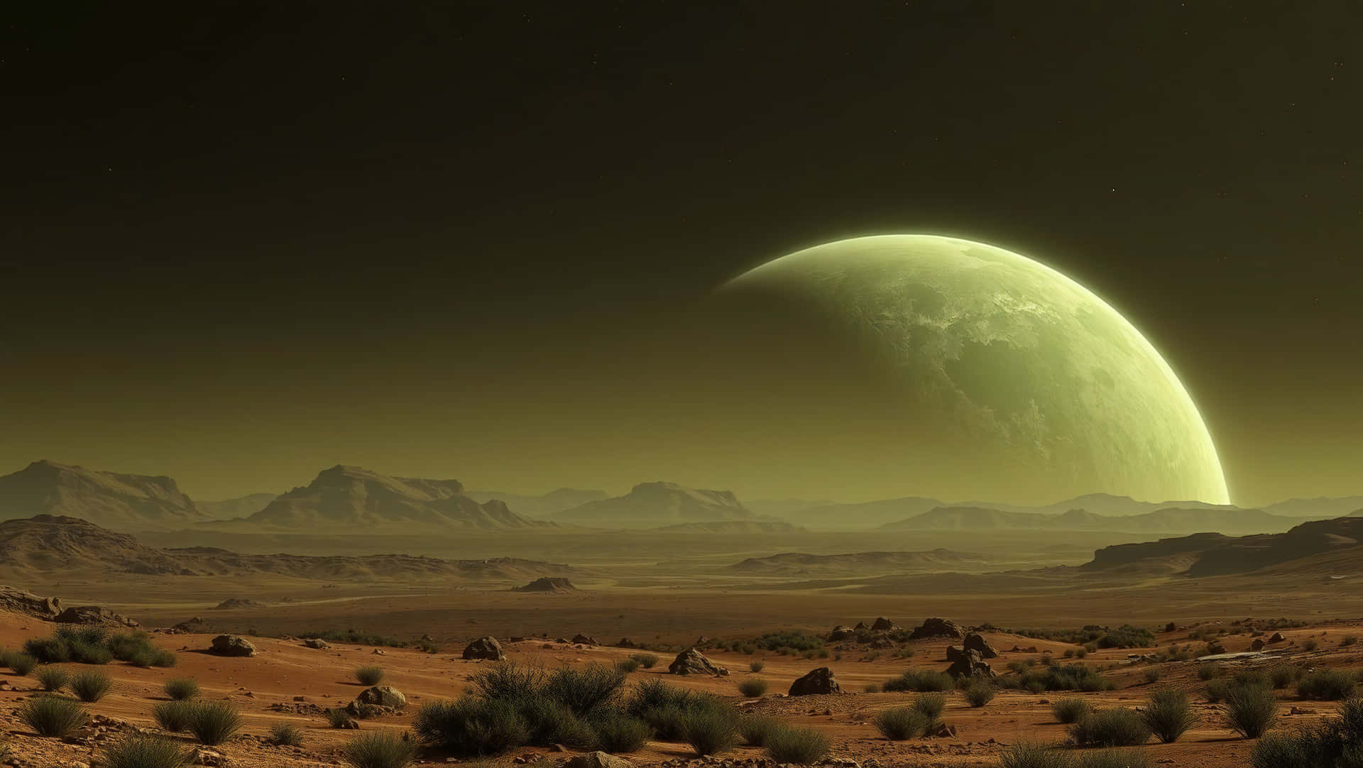 another planet 壁紙 — 廣闊的外星沙漠，在巨大的綠色發光月亮下，將怪異的光芒投射在岩石地形和稀疏的植被上。