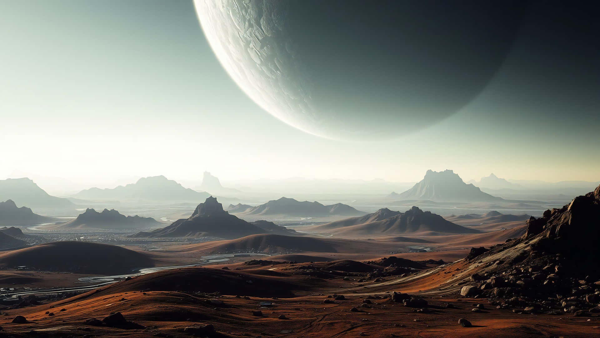 another planet 壁紙 — 廣闊的外星沙漠，鋸齒狀的山脈在一個巨大的行星下方延伸，該行星低垂在朦朧的天空中。