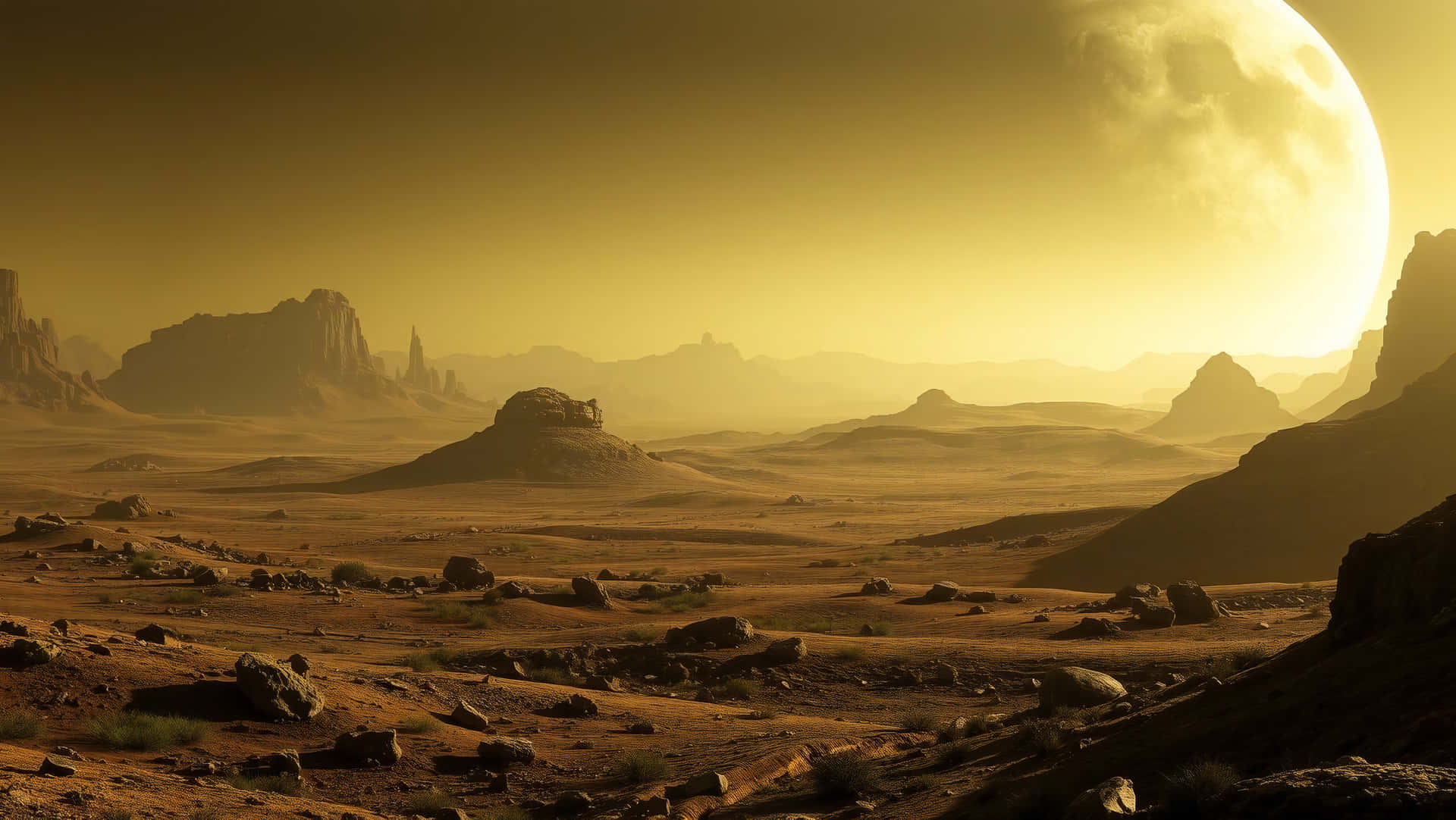 another planet 壁紙 — 廣闊的外星沙漠景觀沐浴在金色光芒中，一輪巨大的發光月亮主宰著地平線。