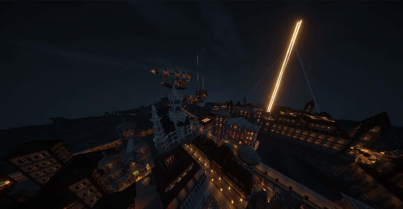 Minecraft City 桌布 壁紙 — 廣闊的夜景城市景觀，霓虹燈閃爍，高聳建築在黑暗天空下。