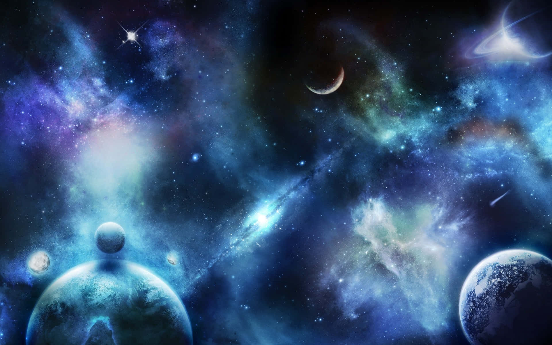 科幻 桌布 壁紙 — 廣闊的宇宙場景，發光的星雲、行星和恆星在深空中旋轉。