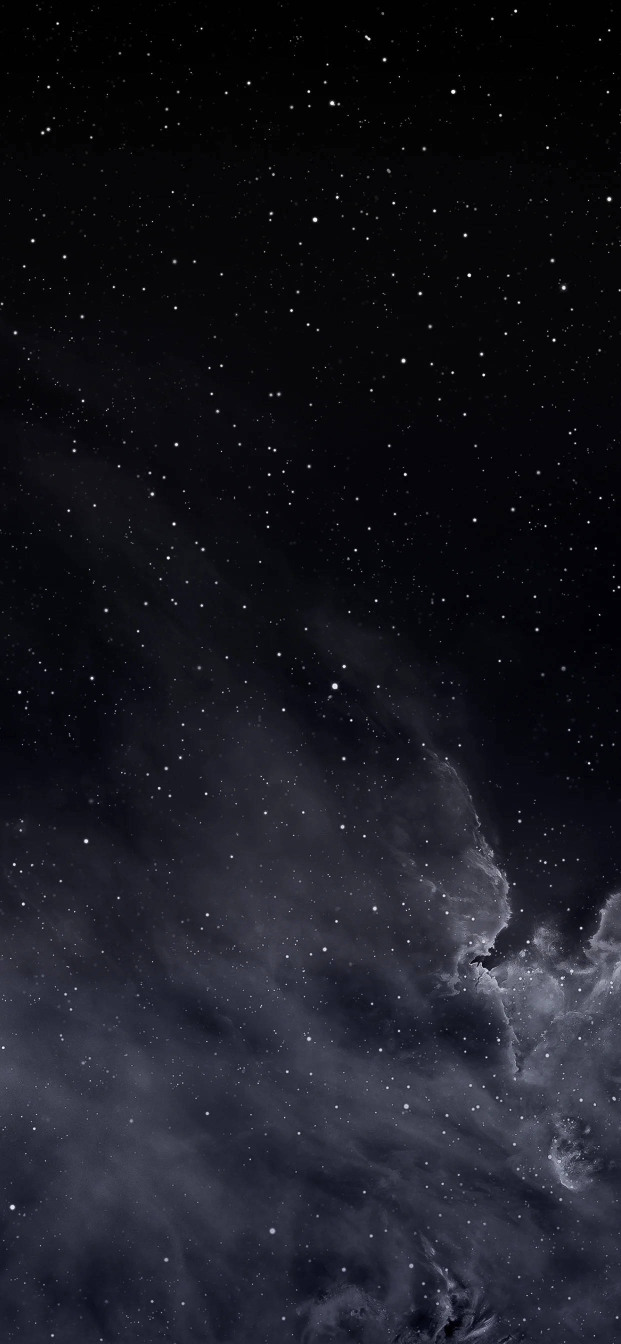 iPhone Stock 桌布 壁紙 — 廣闊的宇宙場景，閃爍的星星和旋轉的黑暗星雲映襯著深邃的黑色虛空。