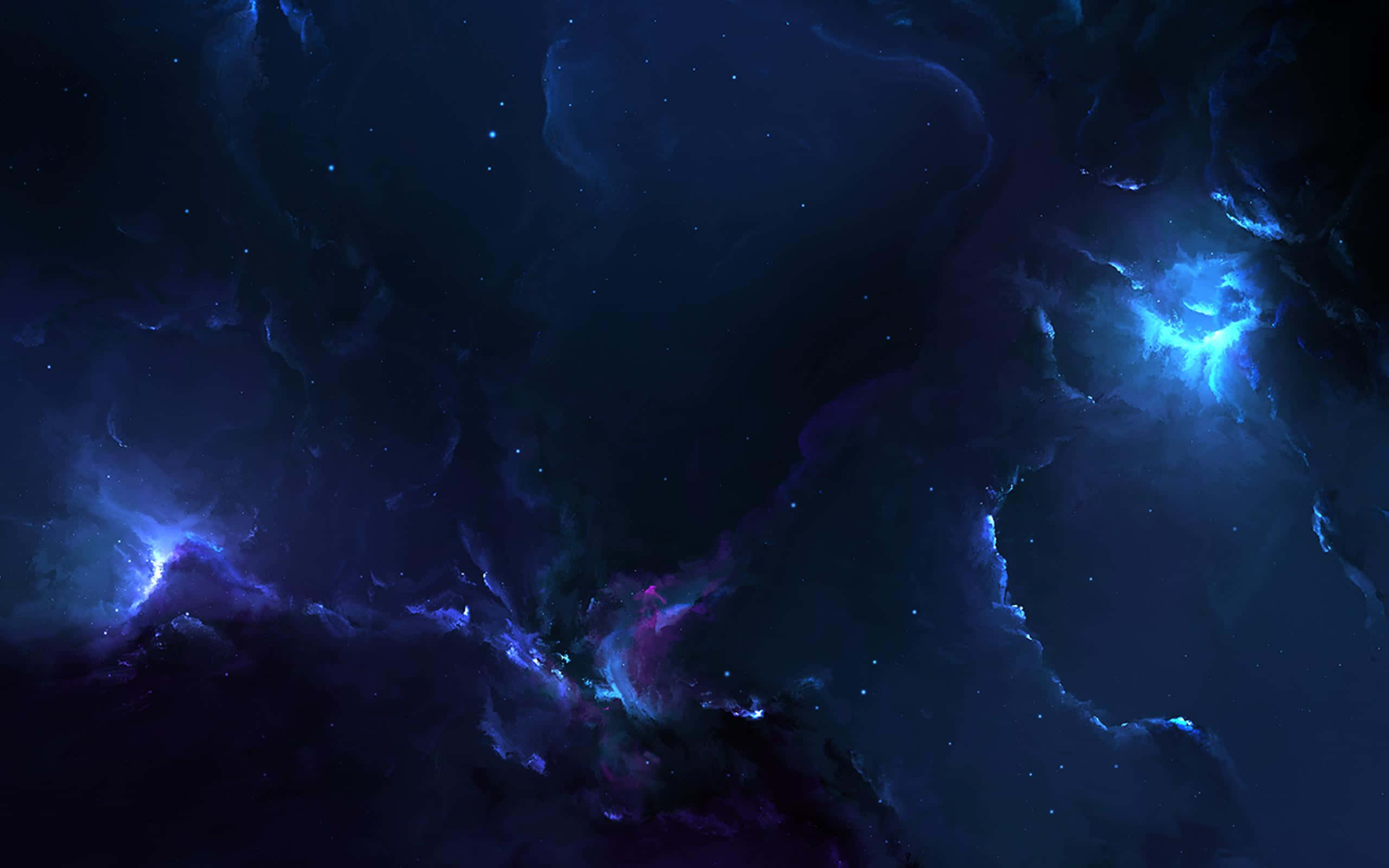 Dark Sky 桌布 壁紙 — 廣闊的宇宙星雲，在佈滿星星的虛空中發出電藍色和紫色的光芒。