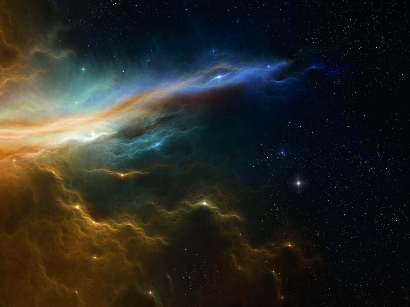 銀河 桌布 壁紙 — 廣闊的宇宙星雲在佈滿星辰的虛空中，以火熱的橙色和電光藍色旋轉。