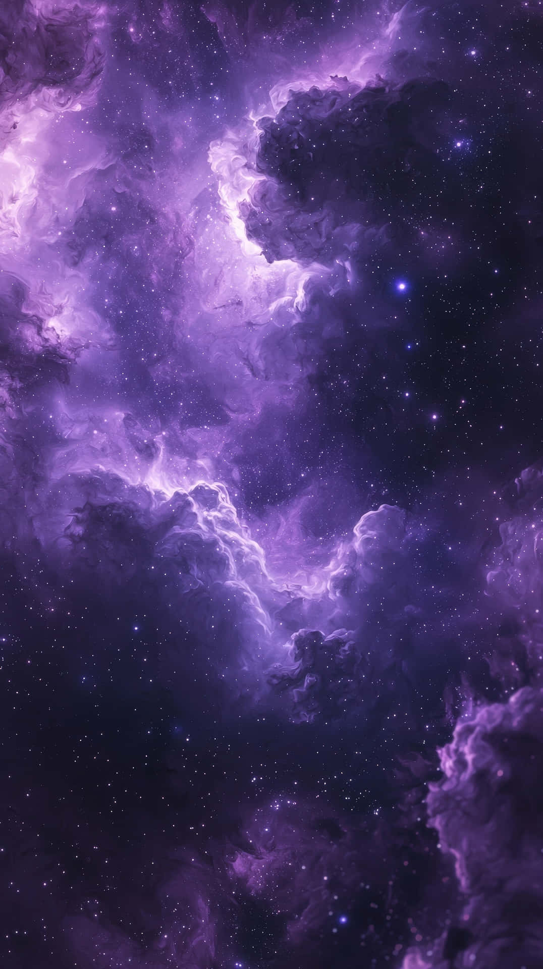 Glowing Purple Nebula with Stars and Cosmic Clouds - A Stunning Celestial Scene of the Universe 壁紙 — 廣闊的宇宙星雲在深紫色和紫羅蘭色中旋轉，點綴著閃爍的星星，映襯著黑暗的虛空。