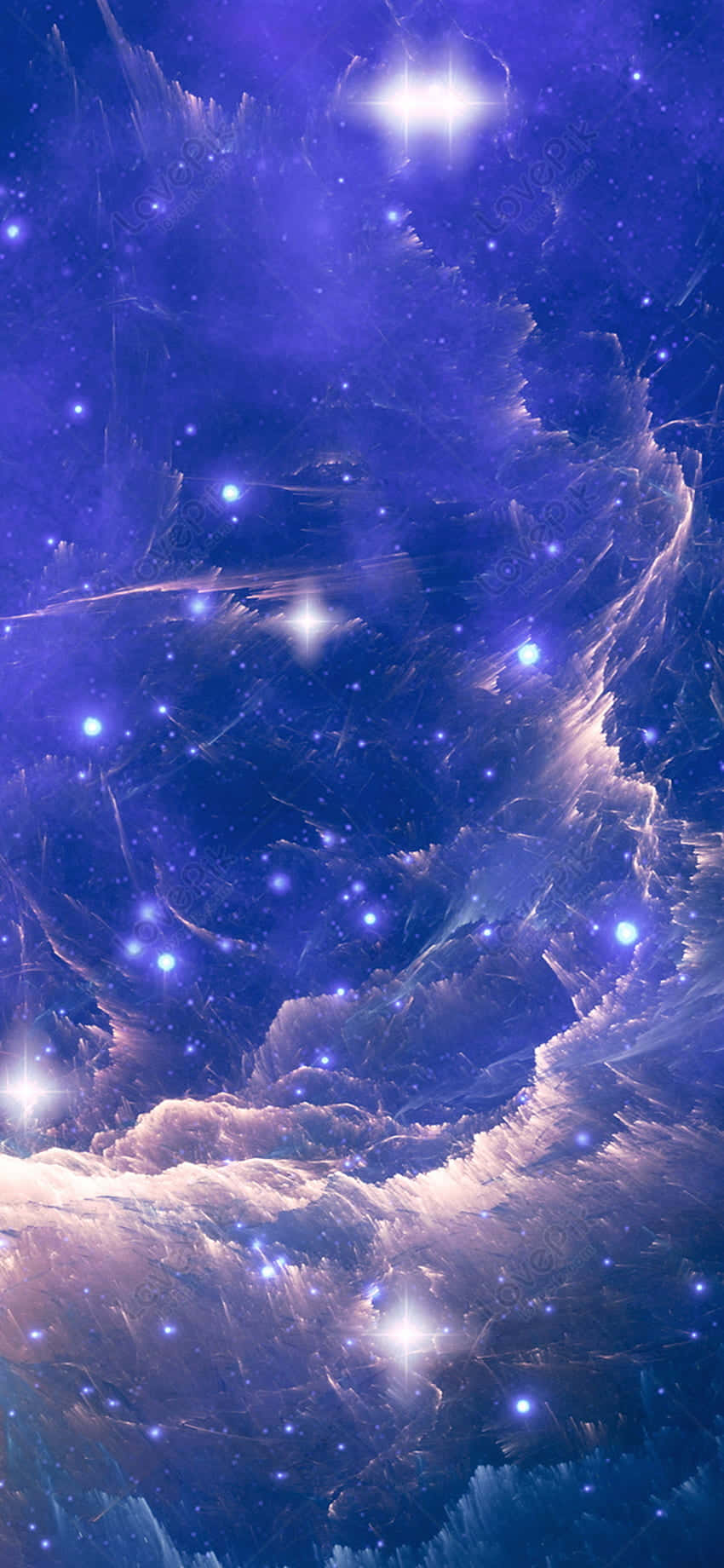 Dream Aesthetic 桌布 壁紙 — 廣闊的宇宙星雲在深紫色和藍色中旋轉，發光的星星散落在無限的虛空中。