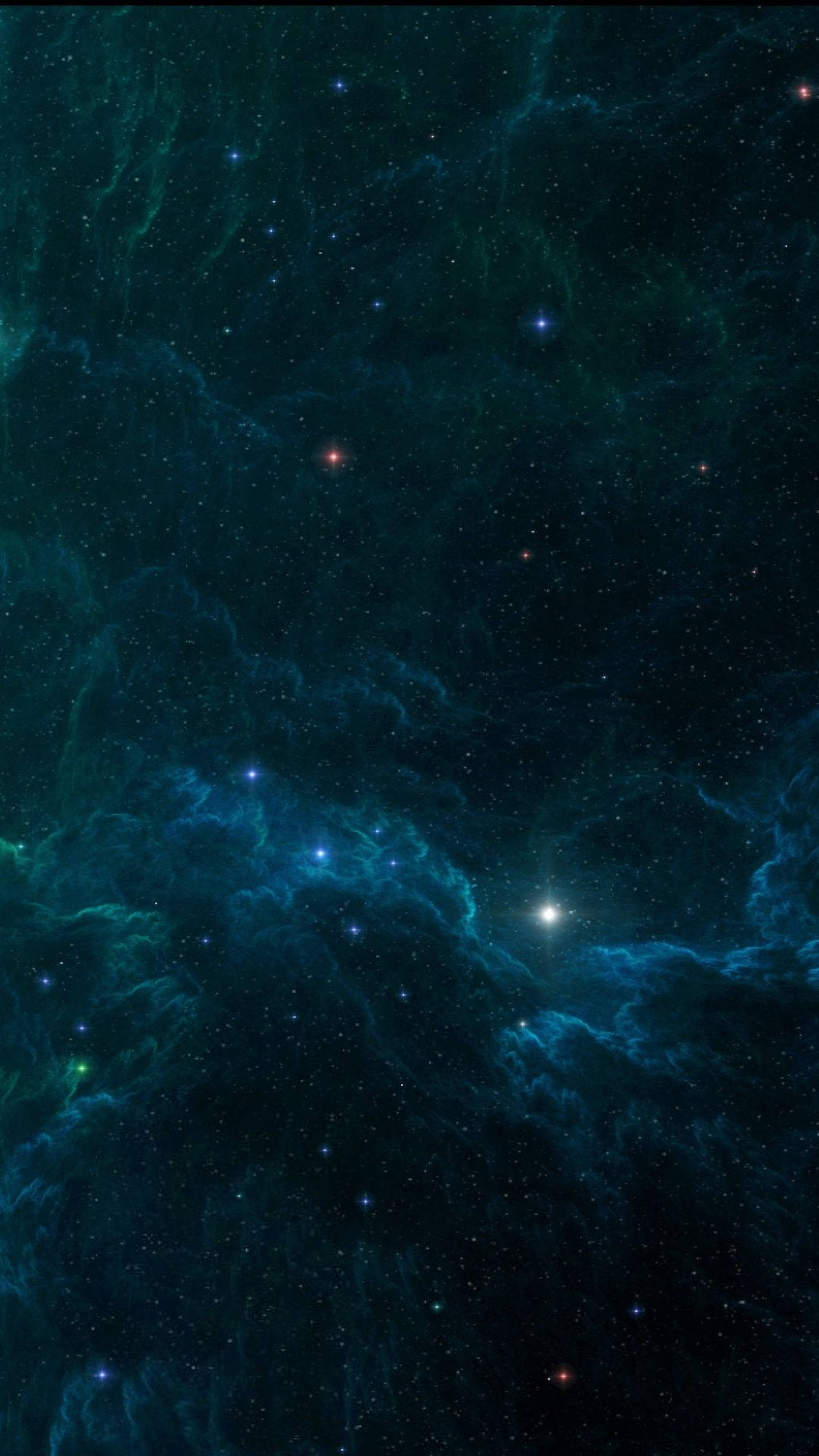 手機 桌布 壁紙 — 廣闊的宇宙星雲在深藍綠色和靛藍色中旋轉，散佈著發光的星星，背景是黑暗的虛空。