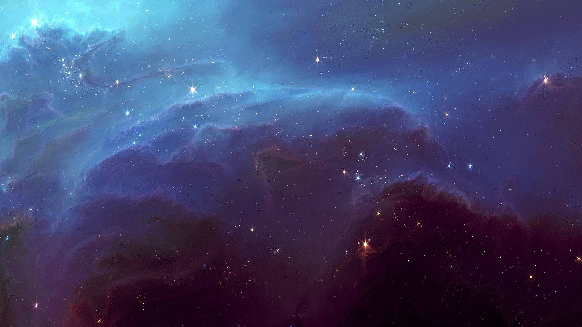 星雲 桌布 壁紙 — 廣闊的宇宙星雲在深藍色和紫色中旋轉，點綴著閃爍的星星，映襯著無限的太空。