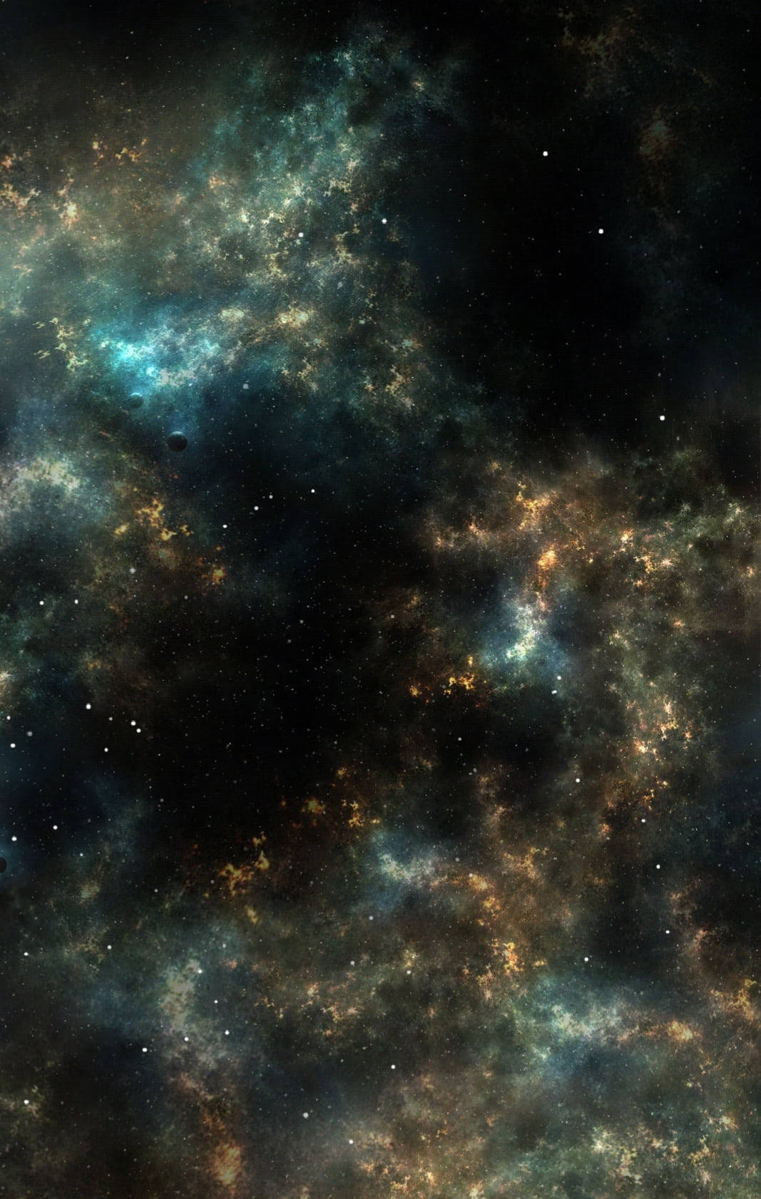 夜空 桌布 壁紙 — 廣闊的宇宙星雲在深邃太空中，於佈滿星辰的黑色虛空中閃耀著青綠色和金色光芒。
