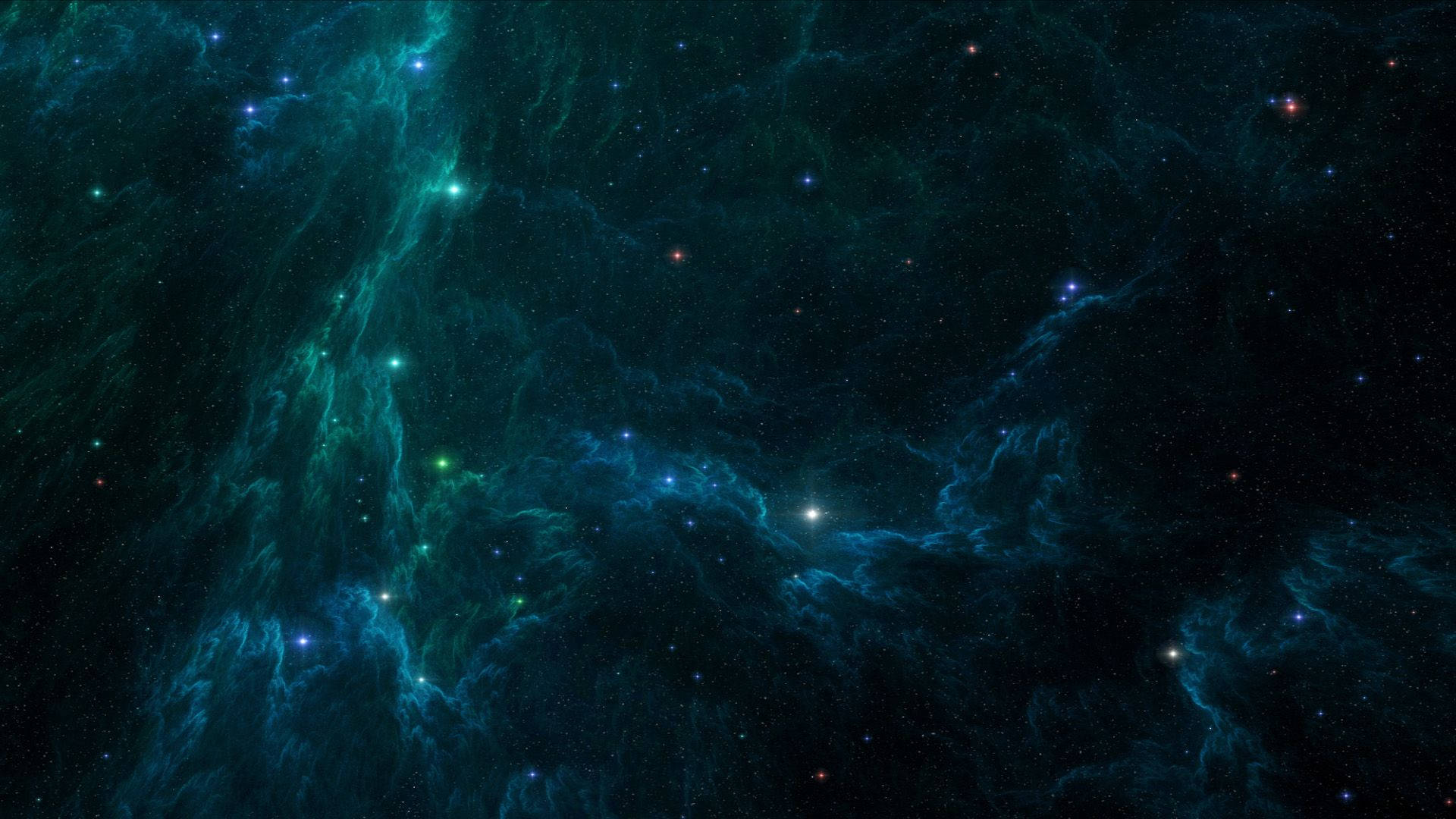 Stars 桌布 壁紙 — 廣闊的宇宙星雲在繁星點點的黑暗虛空中散發出藍綠色和藍色的光芒。