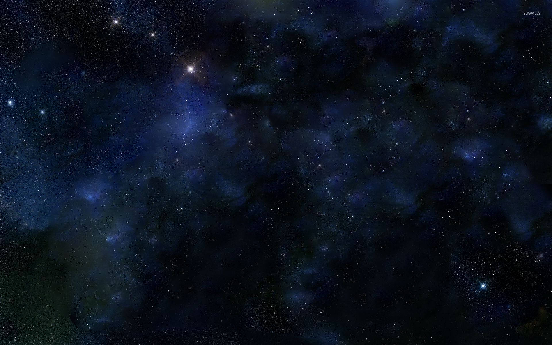 宇宙 桌布 壁紙 — 廣闊的宇宙空間，充滿了發光的星星和旋轉的藍色星雲，背景是深邃的黑色虛空。
