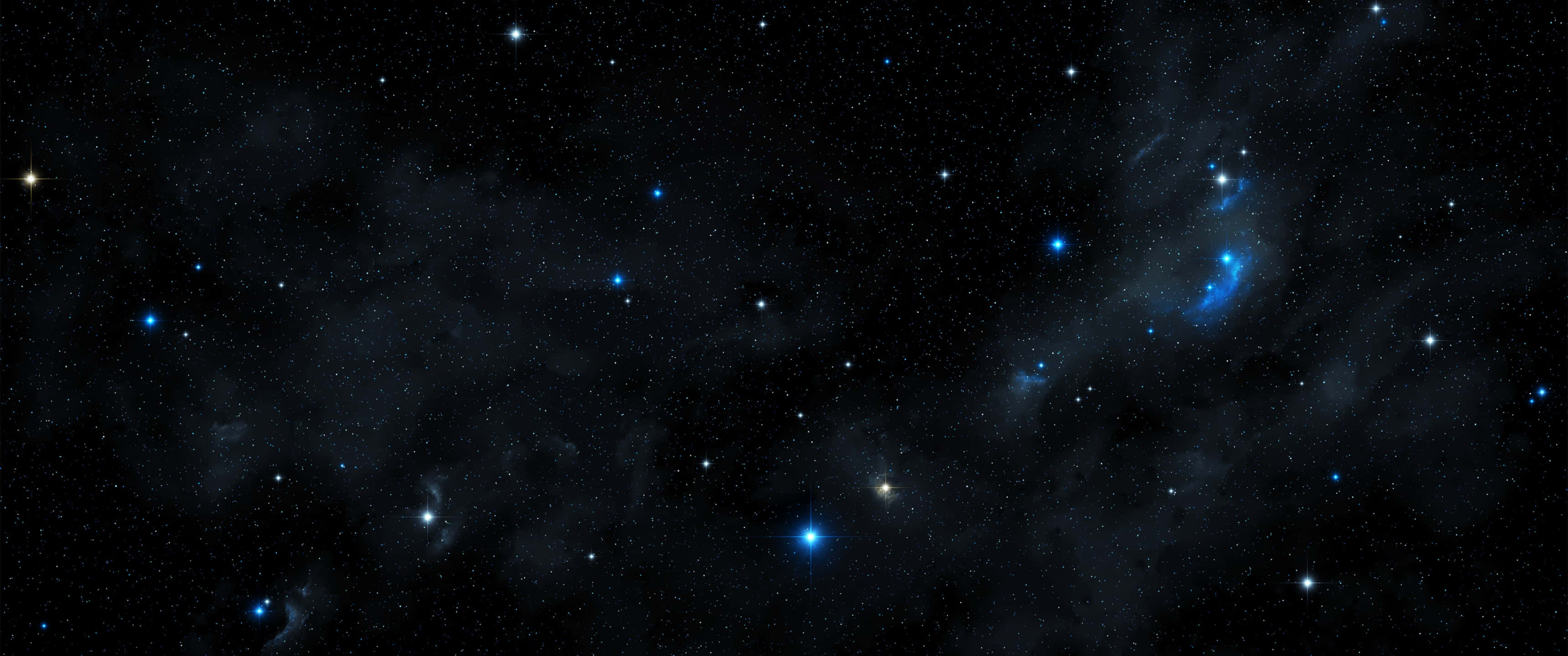 背景 桌布 壁紙 — 廣闊的宇宙空間，充滿閃爍的星星和發光的藍色星雲，背景是深邃的黑色虛空。