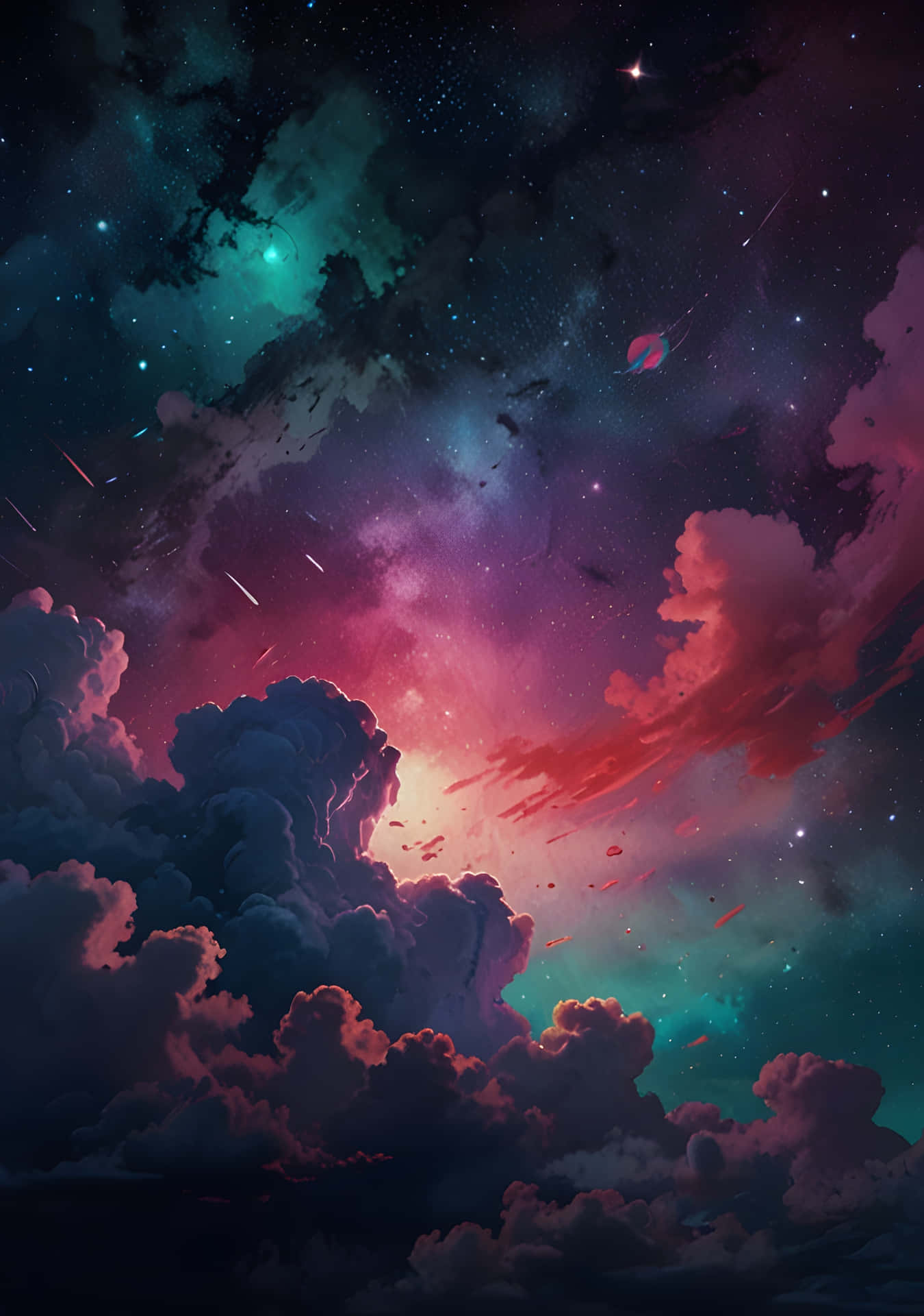 Deep Space Cloudscape 壁紙 — 廣闊的宇宙雲層在充滿活力的洋紅色和藍綠色中旋轉，映襯著繁星點點的夜空，有流星和發光的星雲。