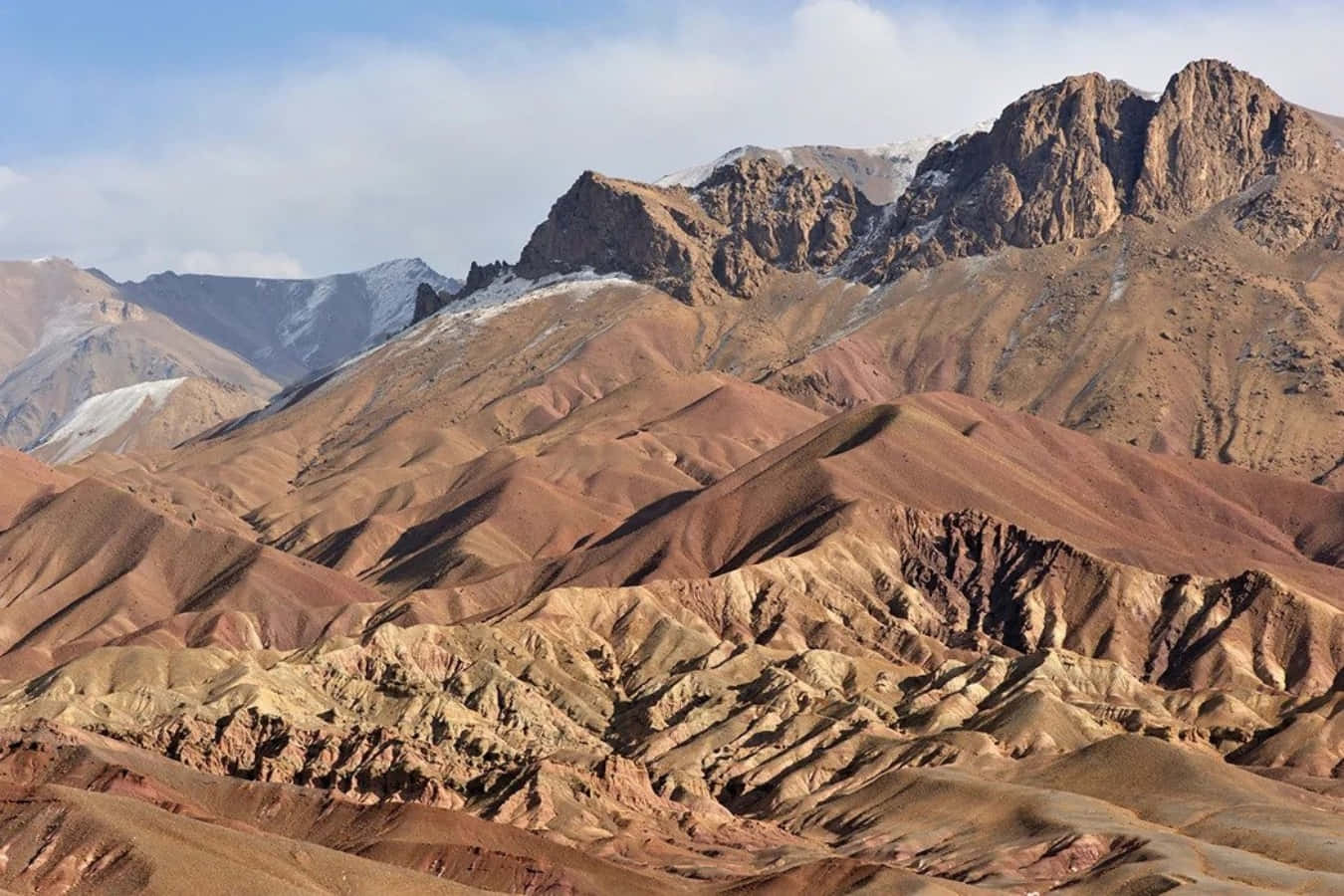 Afghanistan 桌布 壁紙 — 廣闊的層疊山脈在淡藍色天空下展現豐富的紅色、赭色和棕色，遠方有雪頂。