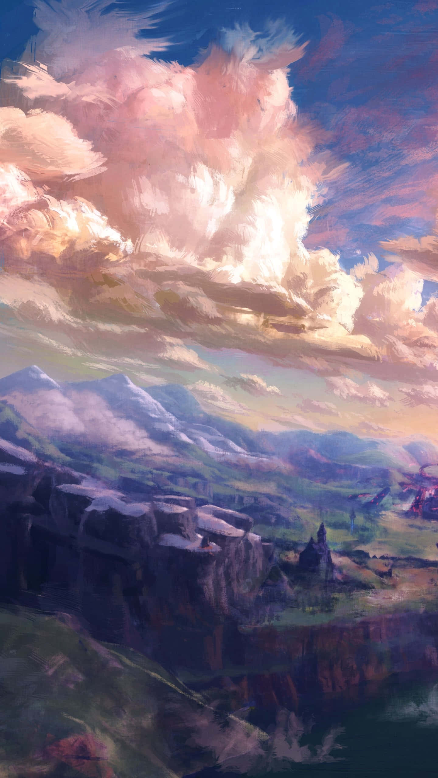 Zelda Phone 桌布 壁紙 — 廣闊的山谷沐浴在柔和的金色光芒中，天空佈滿戲劇性的粉紅色和紫色雲彩。