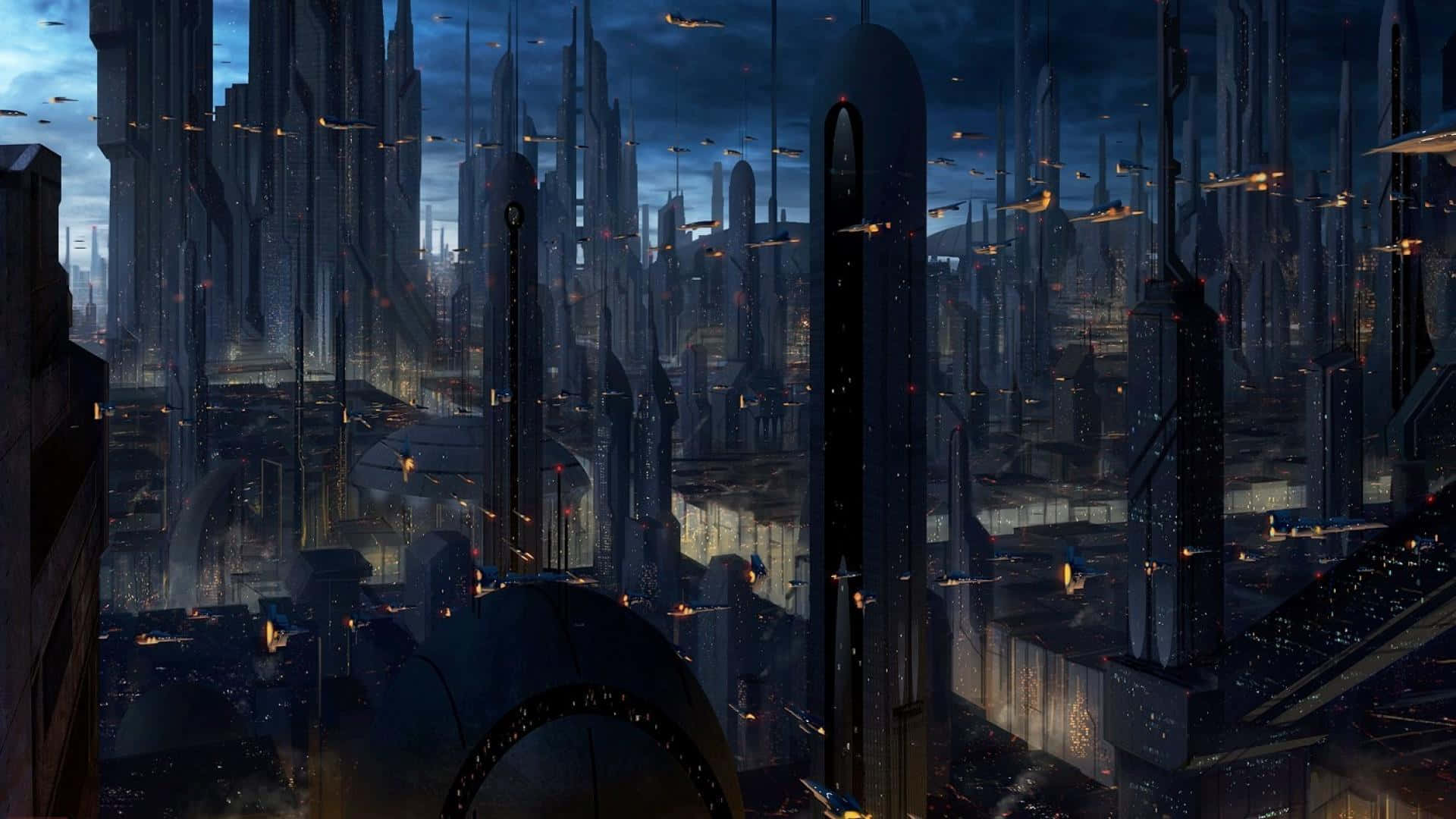 Coruscant 桌布 壁紙 — 廣闊的未來城市夜景，高聳的摩天大樓和飛行車輛在黑暗的天空下被溫暖的燈光照亮。