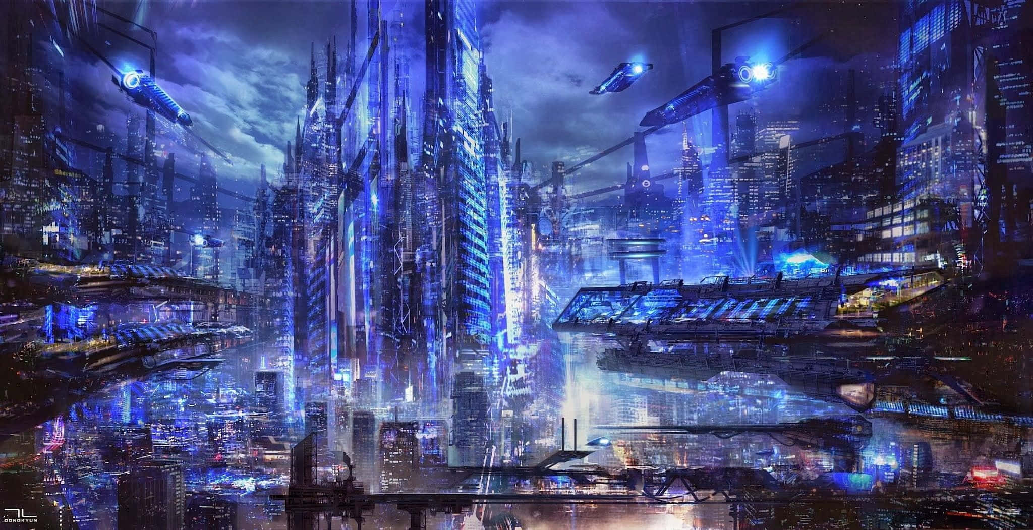 Future City 桌布 壁紙 — 廣闊的未來城市夜景，高聳的霓虹燈摩天大樓和飛行車輛在黑暗的天空下。