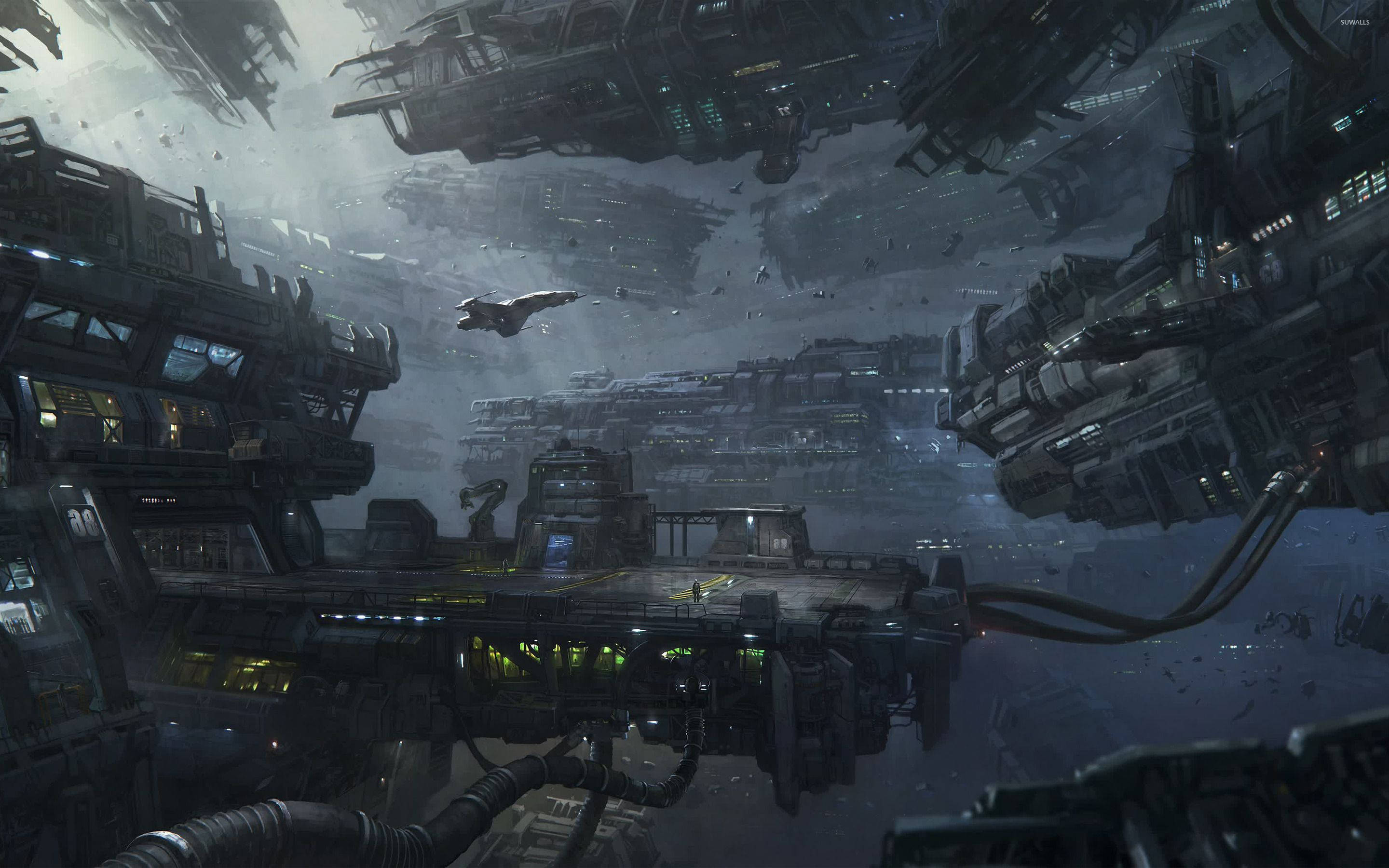 Star Citizen 桌布 壁紙 — 廣闊的未來城市景觀，擁有巨大的浮動結構和孤獨的太空船在迷霧、霓虹燈照亮的摩天大樓中航行。