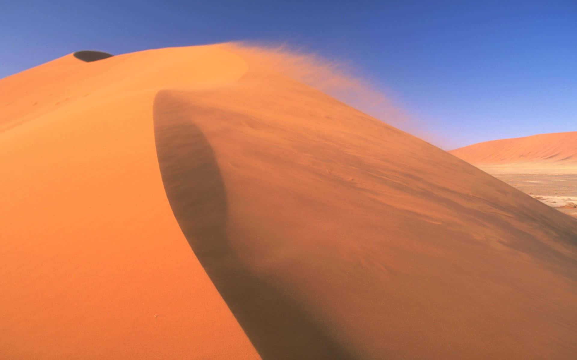 Sand Dunes 桌布 壁紙 — 廣闊的橙色沙丘在清澈的藍天下彎曲，風沿著山脊揚起細塵。