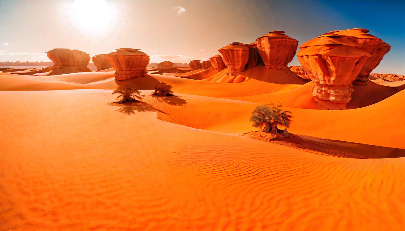 Sci Fi Landscape 桌布 壁紙 — 廣闊的橙色沙漠沙丘在明亮的陽光下起伏，高聳的岩層和散落的棕櫚樹投下長長的影子。