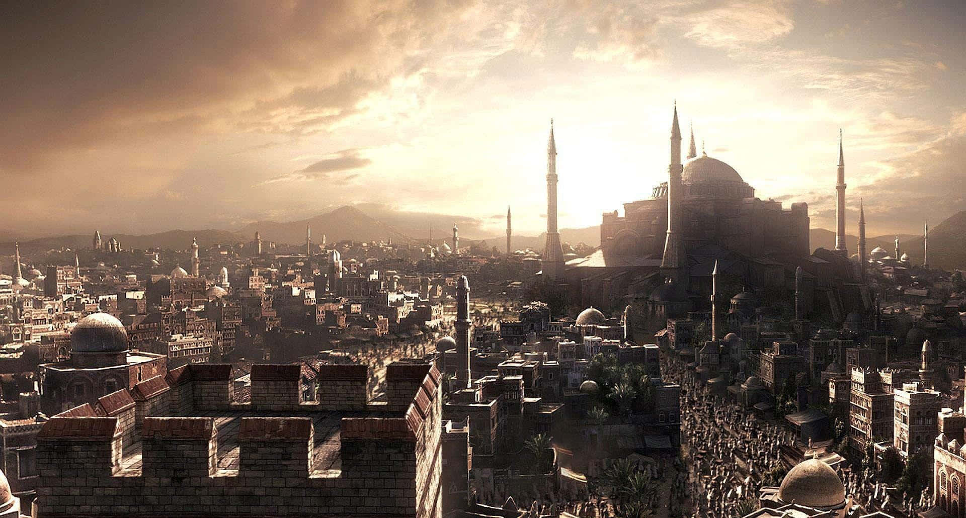 HD Civilization V 桌布 壁紙 — 廣闊的歷史城市景觀沐浴在金色的日落光芒中，圓頂清真寺和宣禮塔在密集的建築群中聳立。