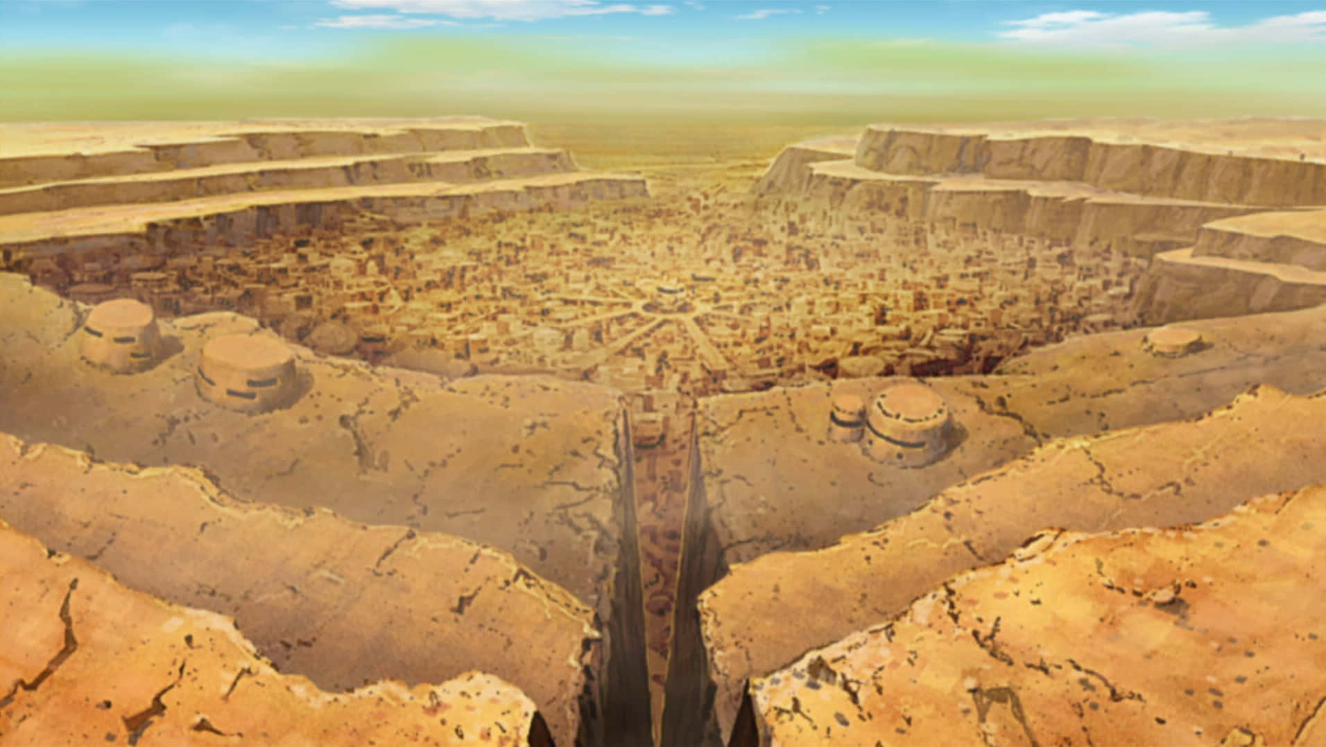 Hidden Sand Village 桌布 壁紙 — 廣闊的沙漠峽谷展現出一個在朦朧天空下、隱藏在峽谷壁內的古老城市。