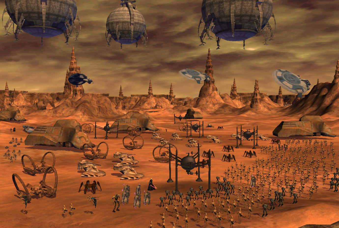 Geonosis 桌布 壁紙 — 廣闊的沙漠戰場，浮空戰艦與機械化軍隊在風暴般的橙色天空下。