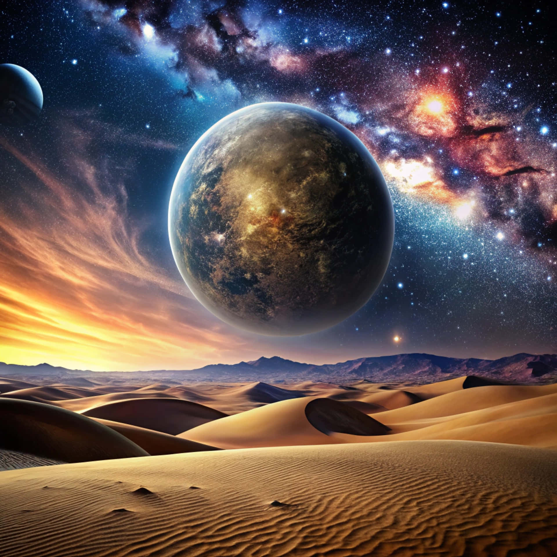 Beautiful desert background 壁紙 — 廣闊的沙漠景觀，在暮色天空下，一顆巨大行星和色彩繽紛的星雲在遠山上方發光。
