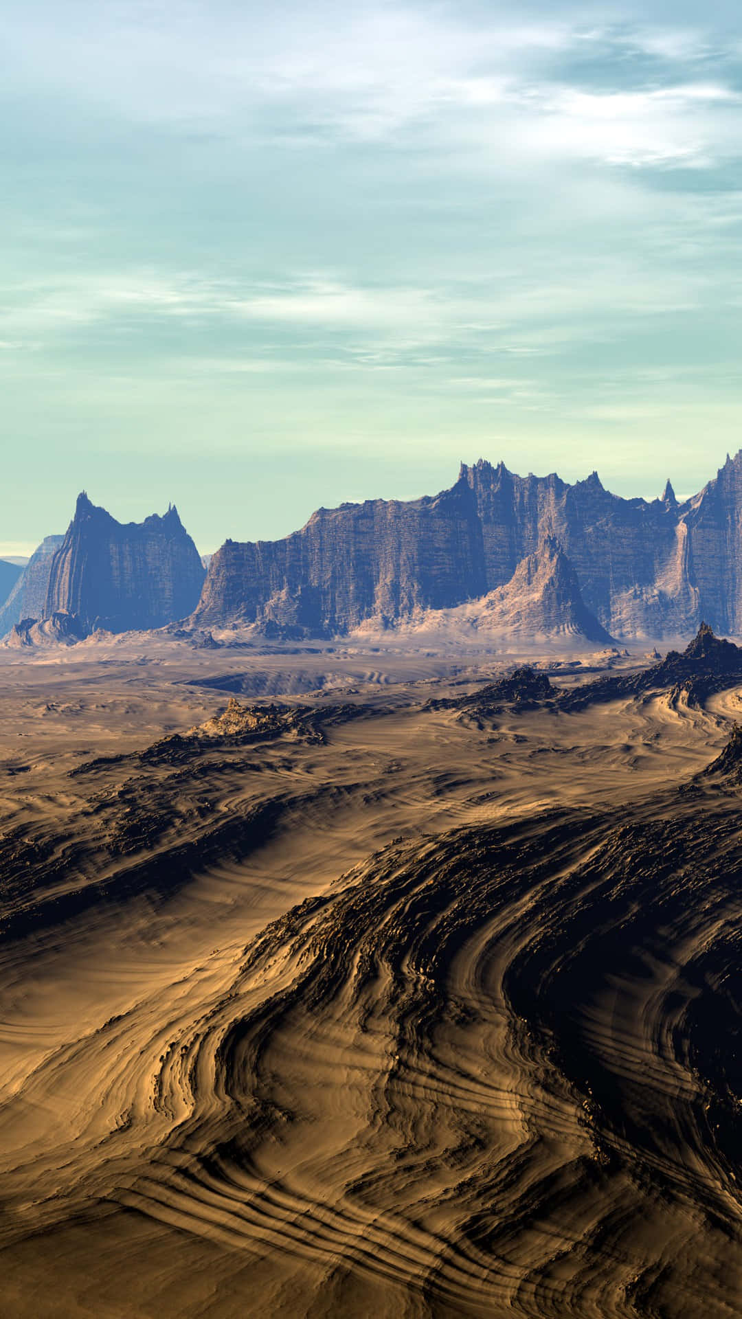 Desert iPhone 桌布 壁紙 — 廣闊的沙漠景觀，金色沙丘在柔和藍天下流向崎嶇的岩石 formations。