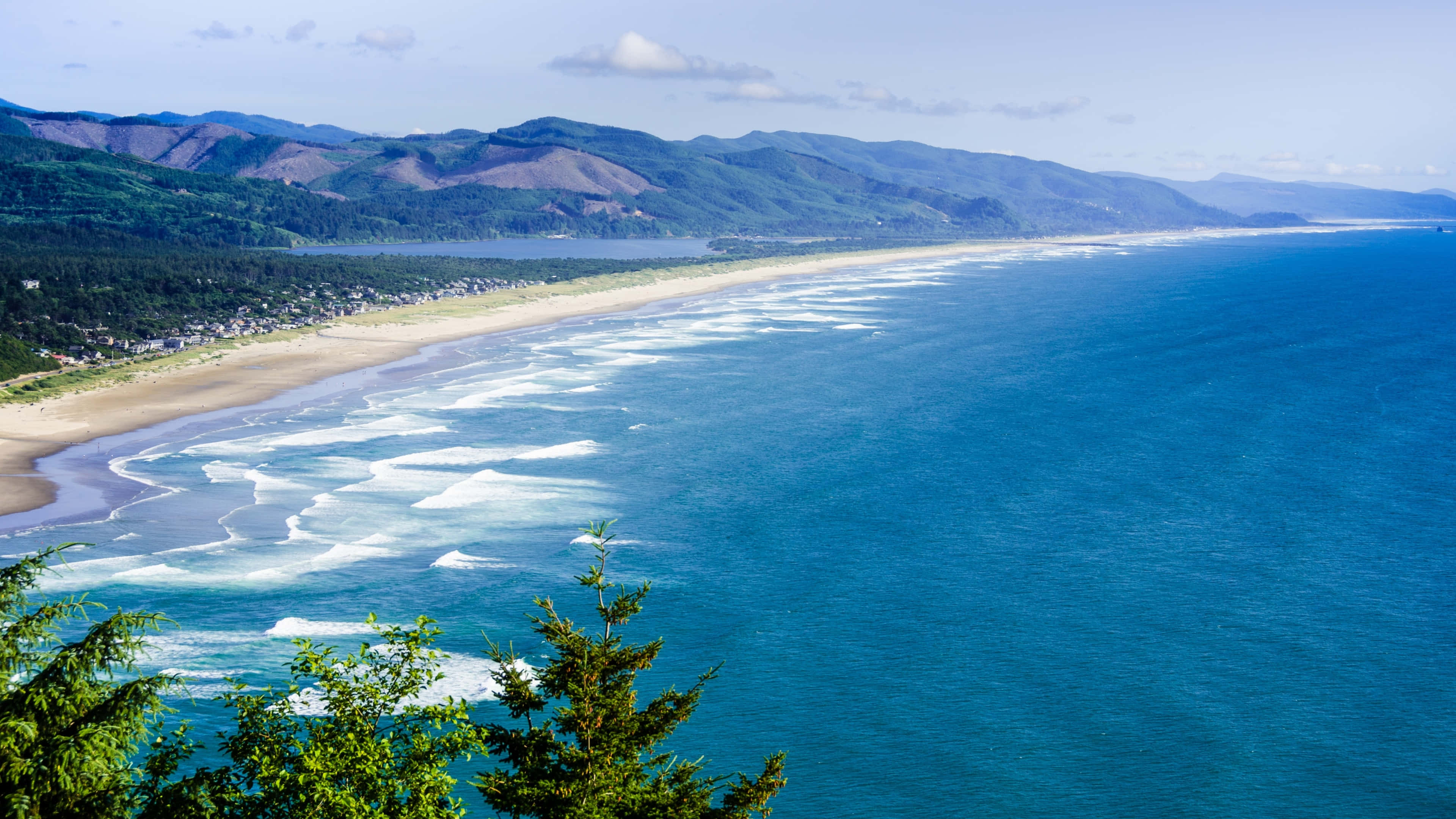 Oregon Coast 桌布 壁紙 — 廣闊的海岸景色，顯示出在清澈的藍天下，綠松石色的海浪拍打著被森林覆蓋的山丘環繞的沙灘。
