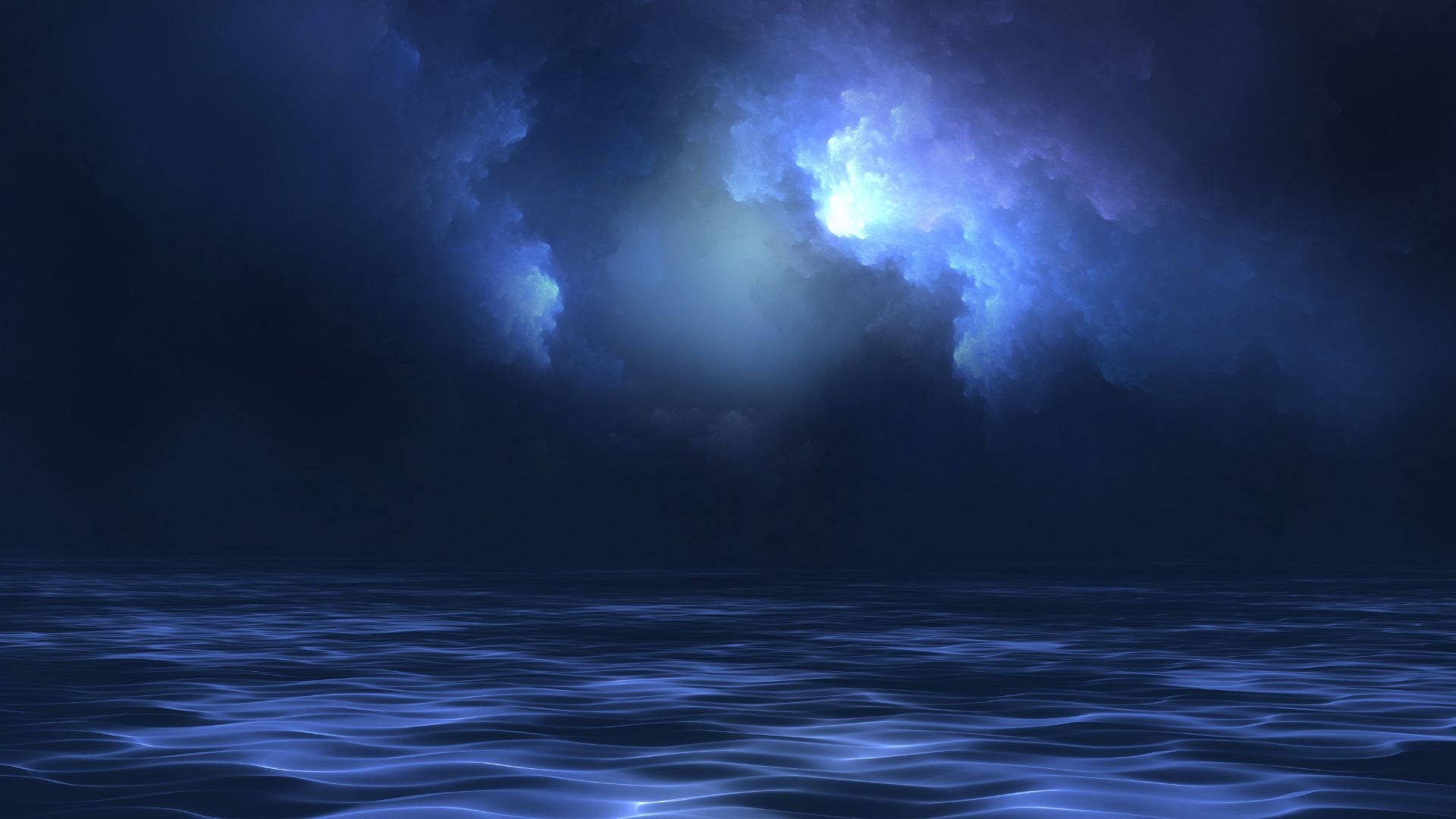 iPhone 桌布 壁紙 — 廣闊的海洋，在暴風雨的夜空下，發光的藍色雲朵照亮了水面。