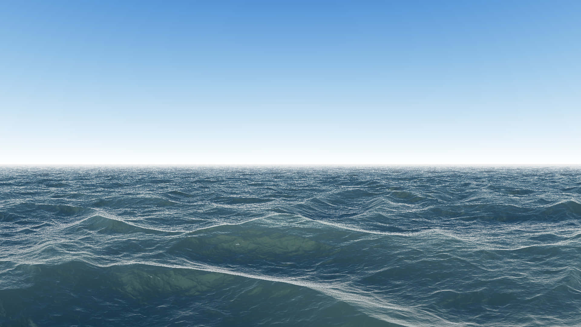 3d Ocean 桌布 壁紙 — 廣闊的海洋波浪在清澈的藍天下蕩漾，柔軟的白色泡沫捕捉著陽光。