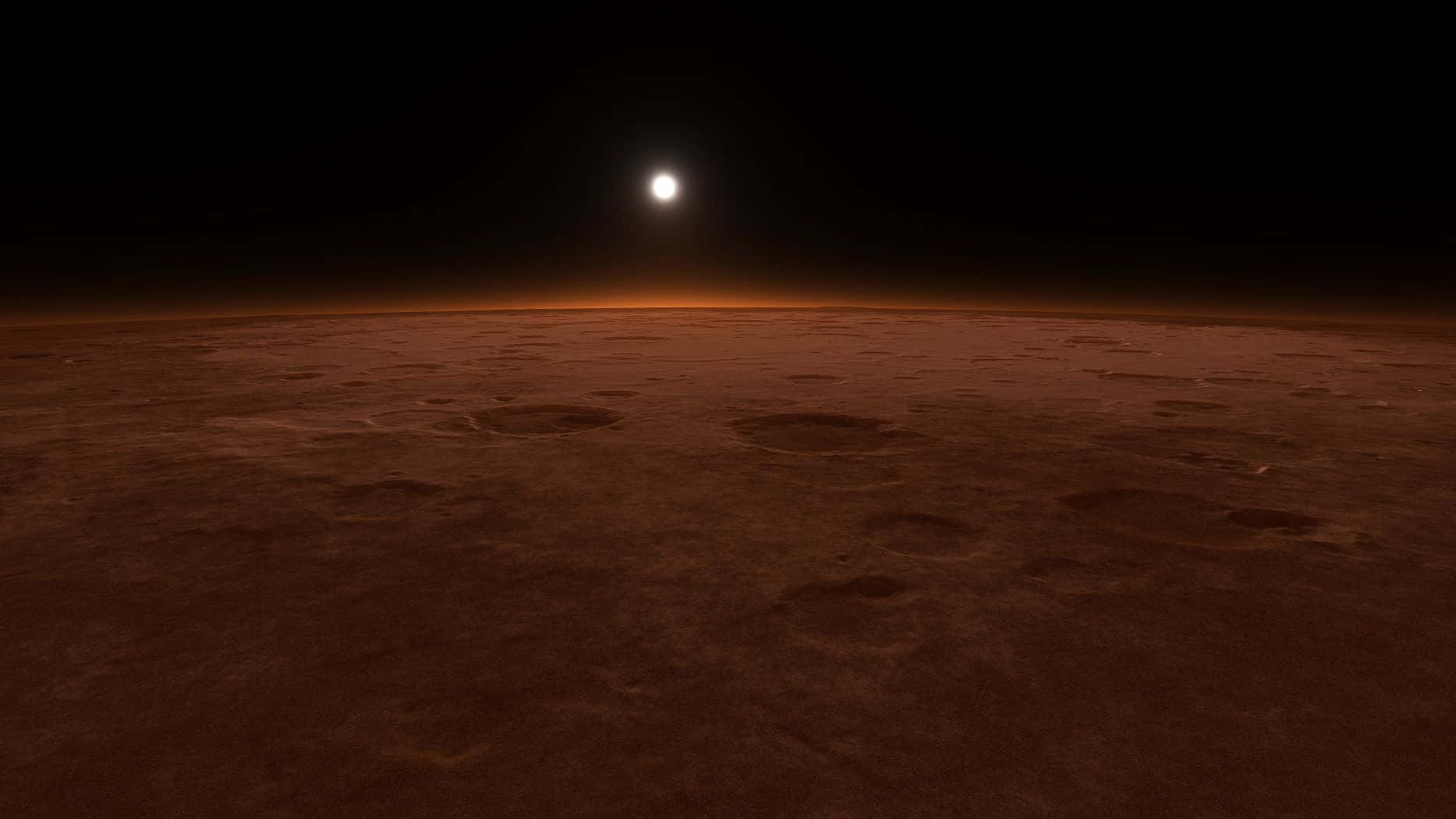 Mars Landscape 桌布 壁紙 — 廣闊的紅色外星景觀，在明亮的遠方太陽下，地平線發光。