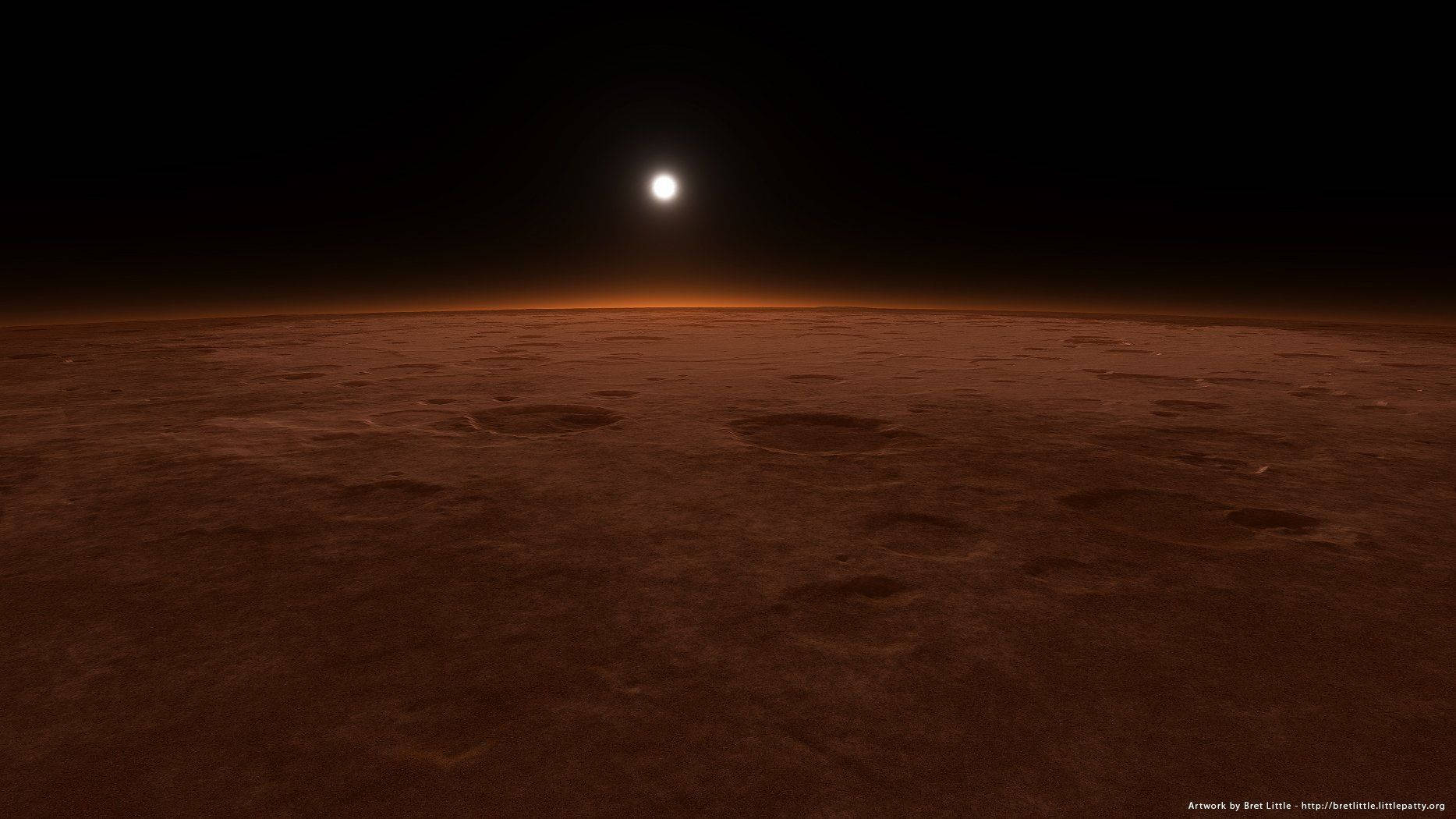 Mars 桌布 壁紙 — 廣闊的紅色外星景觀，在明亮的遠方太陽下，散發著橙色光芒的地平線。