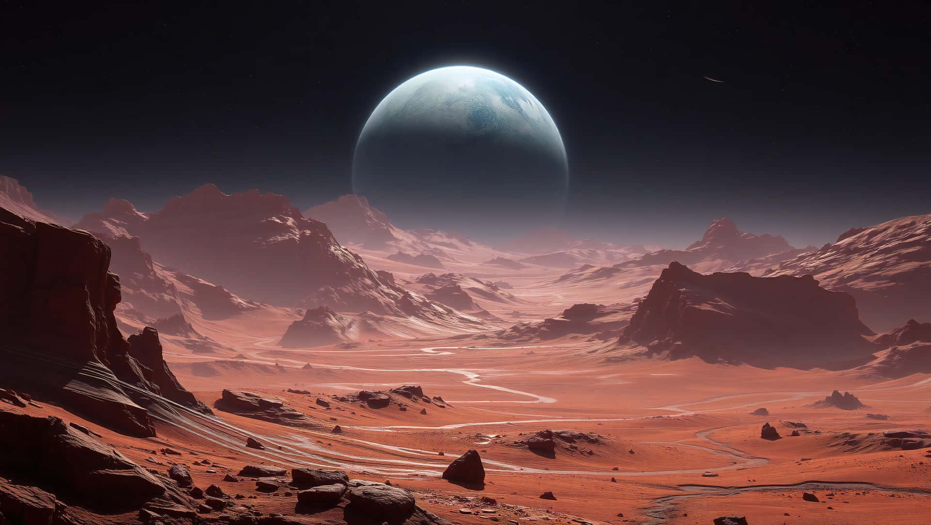 night mars 壁紙 — 廣闊的紅色外星沙漠，有鋸齒狀的山脈，下方懸掛著一顆巨大的藍色行星，背景是星空。
