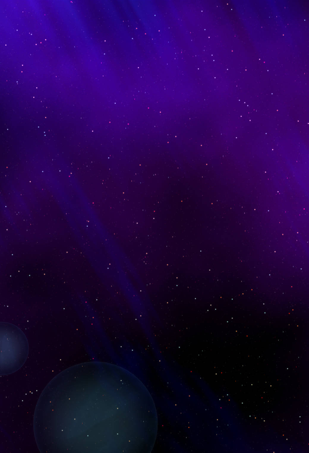 Black And Purple 桌布 壁紙 — 廣闊的紫色宇宙空間，點綴著星星和發光的星雲，兩顆黑暗行星漂浮在前景中。