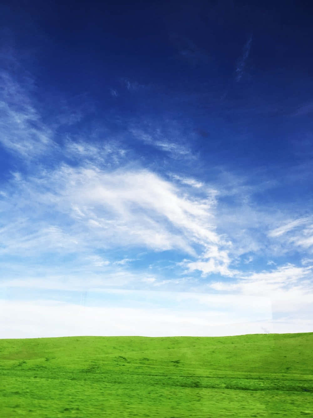 Minimalist Nature 桌布 壁紙 — 廣闊的綠色草地在一片明亮的藍天下延伸，點綴著縷縷白雲。