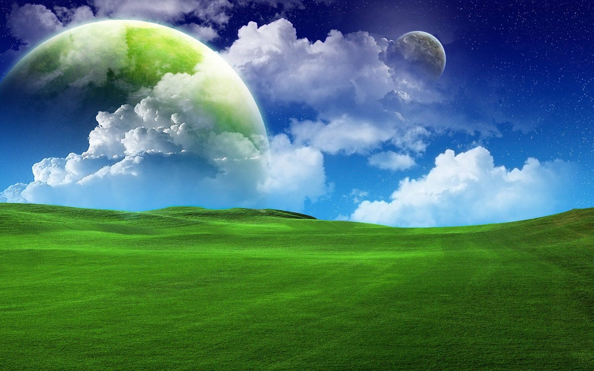 綠色天空 桌布 壁紙 — 廣闊的綠色起伏山丘，藍天白雲，兩顆大行星漂浮在上方。