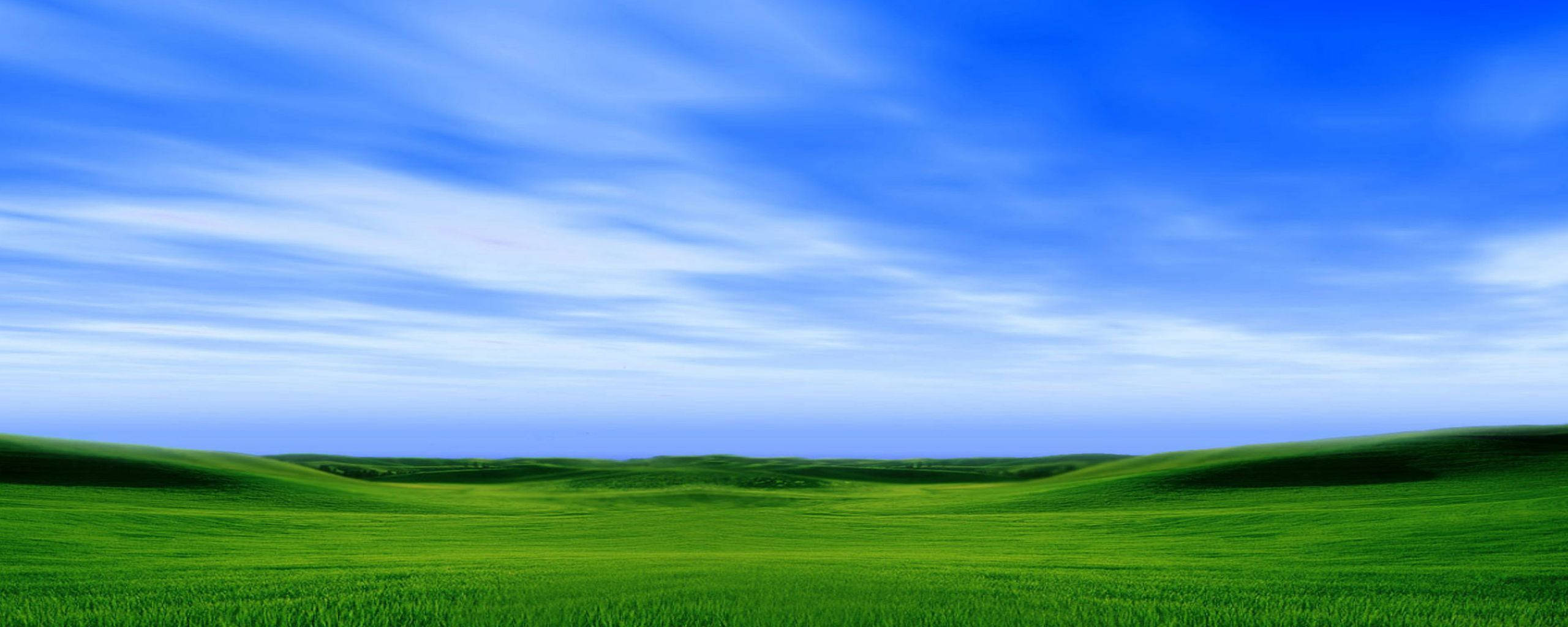 風景 桌布 壁紙 — 廣闊的綠色起伏山丘在明亮的藍天下延伸，天空點綴著縷縷白雲。