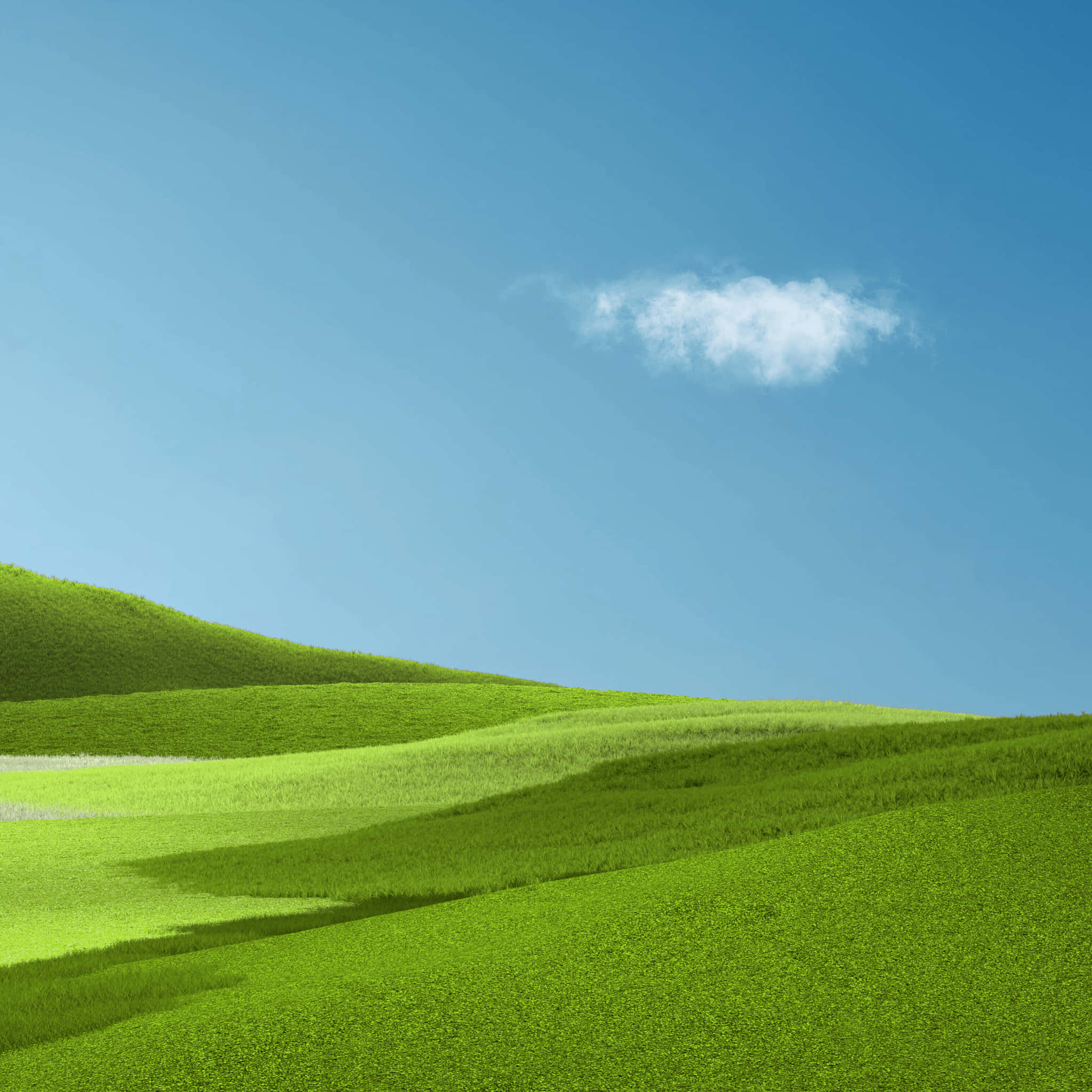 Minimalist Nature 桌布 壁紙 — 廣闊的綠色連綿起伏的山丘在清澈的藍天下延伸，一朵蓬鬆的白雲飄浮在上方。