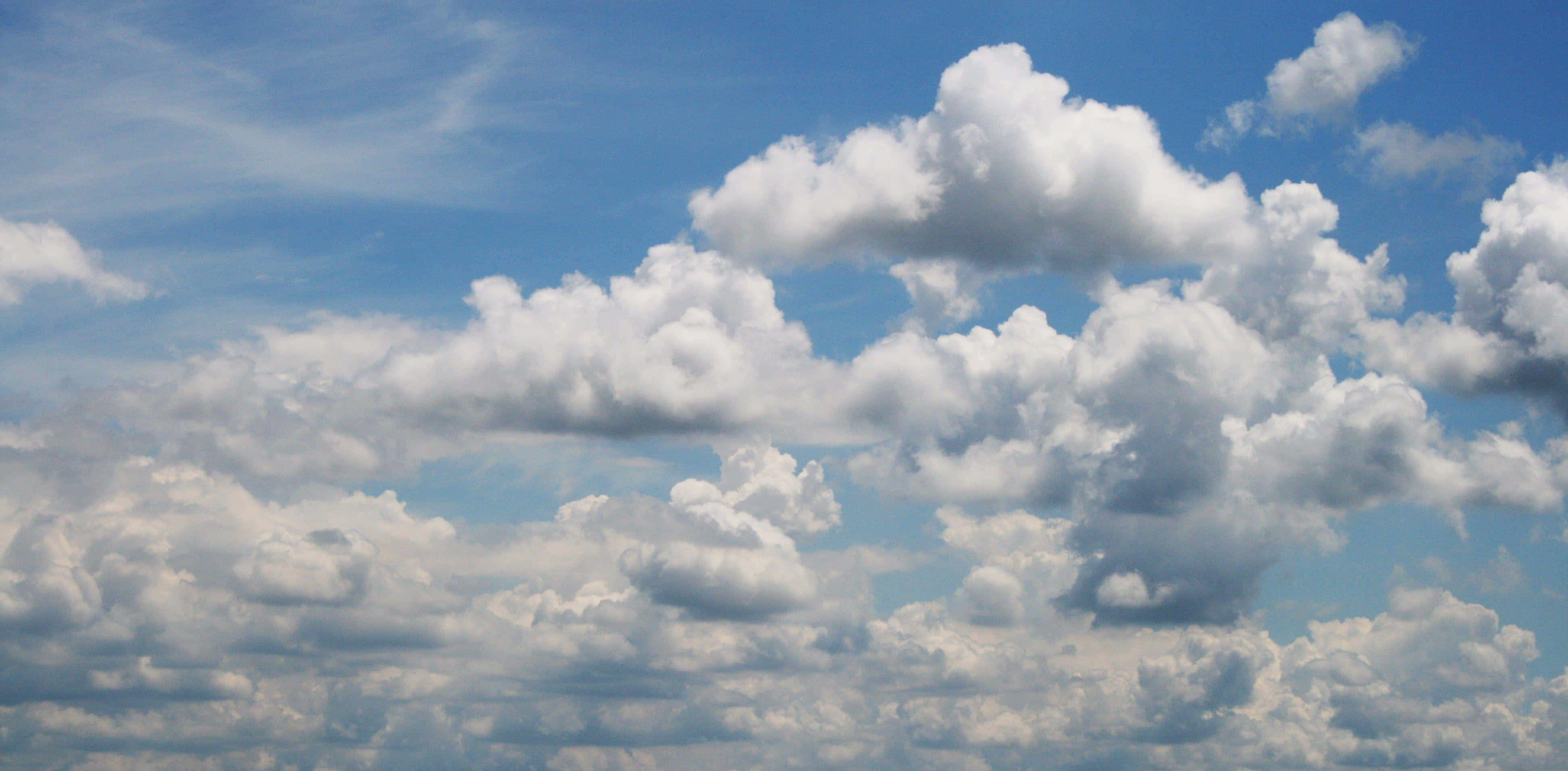 Sky Clouds 桌布 壁紙 — 廣闊的藍天，充滿蓬鬆的白色積雲，在明亮的地平線上飄移。